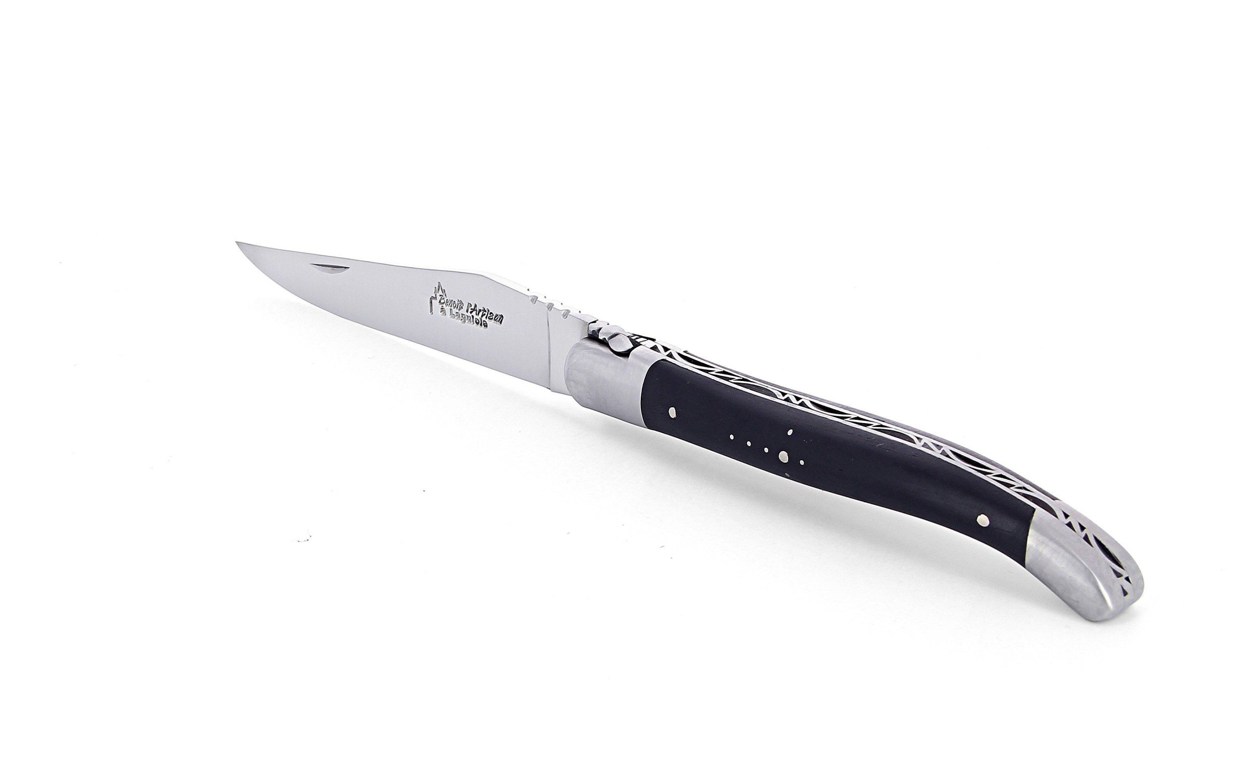 Laguiole pliant 12cm, manche en ébène, mitres inox brossées