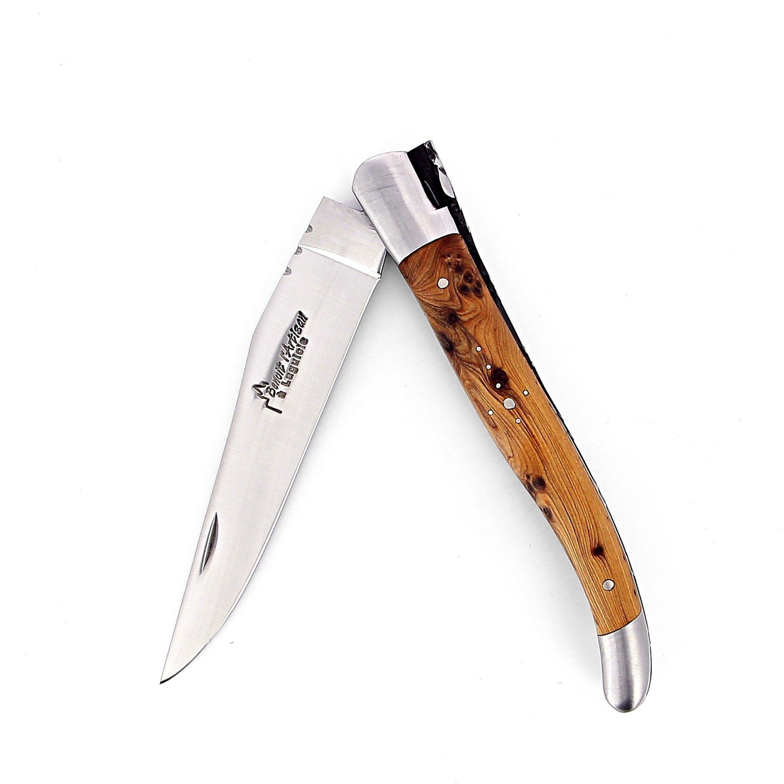 Benoit l'Artisan  Couteau de Laguiole pliant 12cm, manche en genévrier,  mitres inox brossées