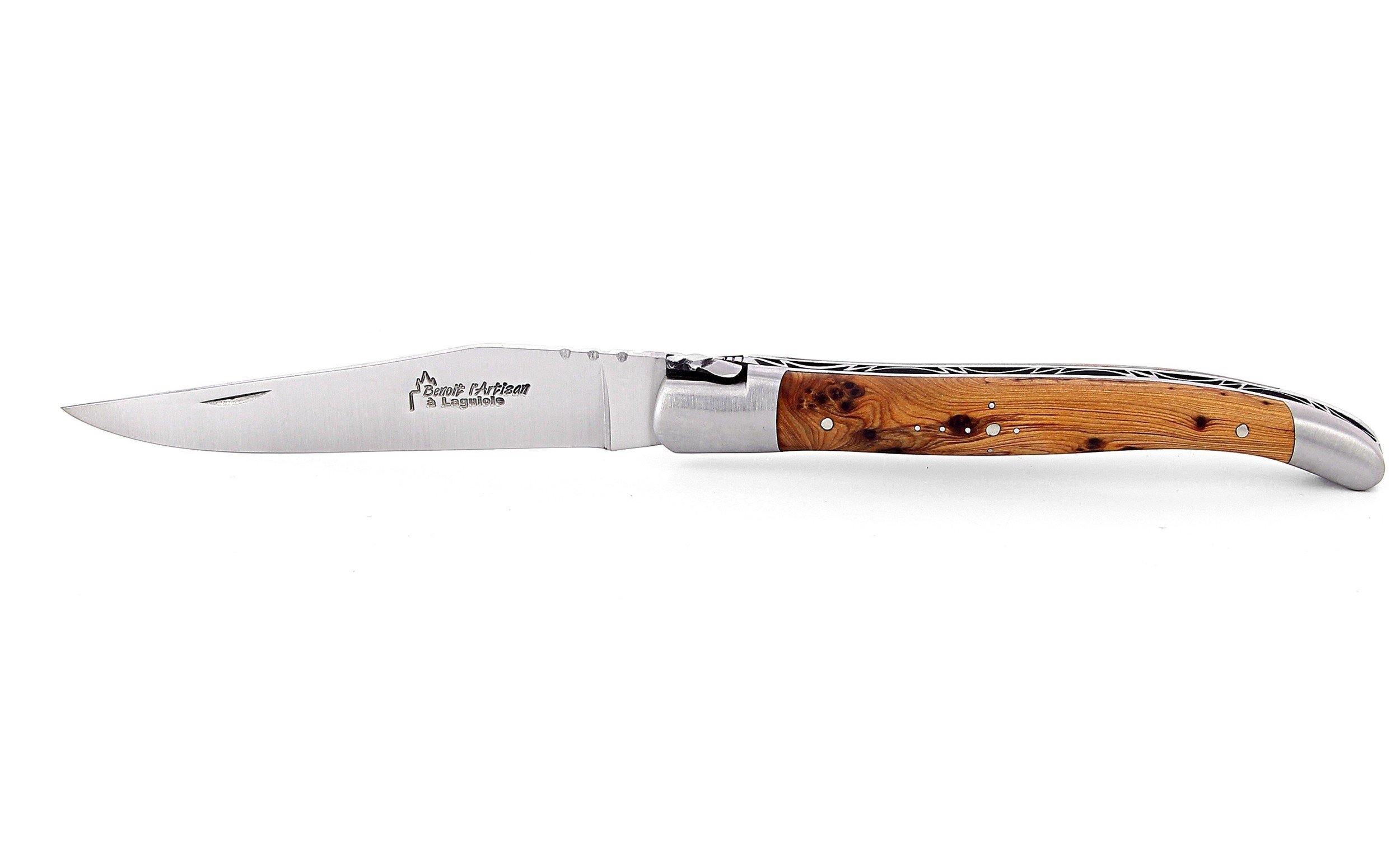 Laguiole pliant 12cm, manche en genévrier, mitres inox brossées