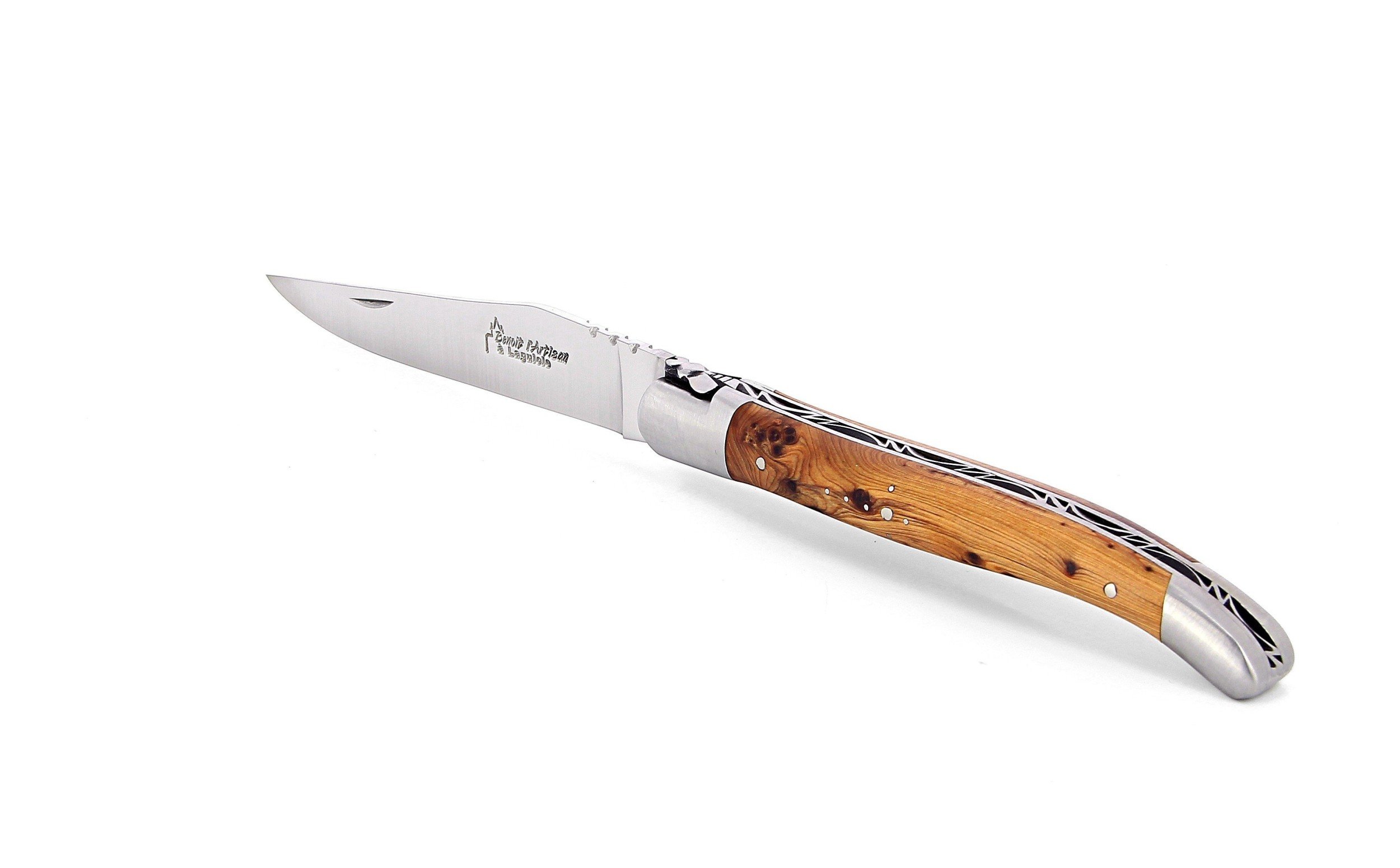 Laguiole pliant 12cm, manche en genévrier, mitres inox brossées