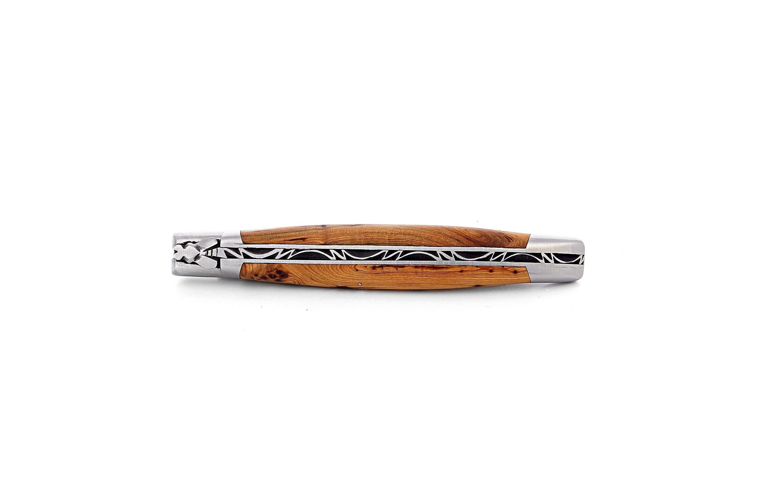Laguiole pliant 12cm, manche en genévrier, mitres inox brossées