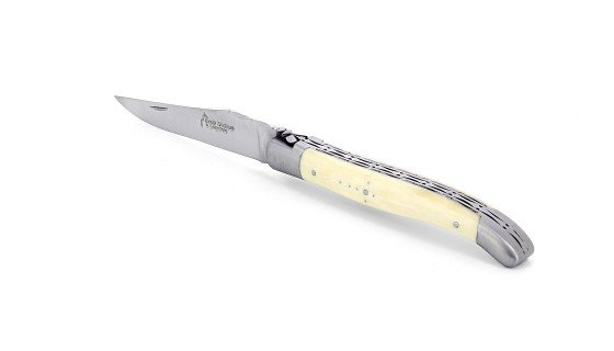 Benoit l'Artisan  Couteau de Laguiole pliant doubles platines, 12 cm,  manche en os, mitres inox brossées