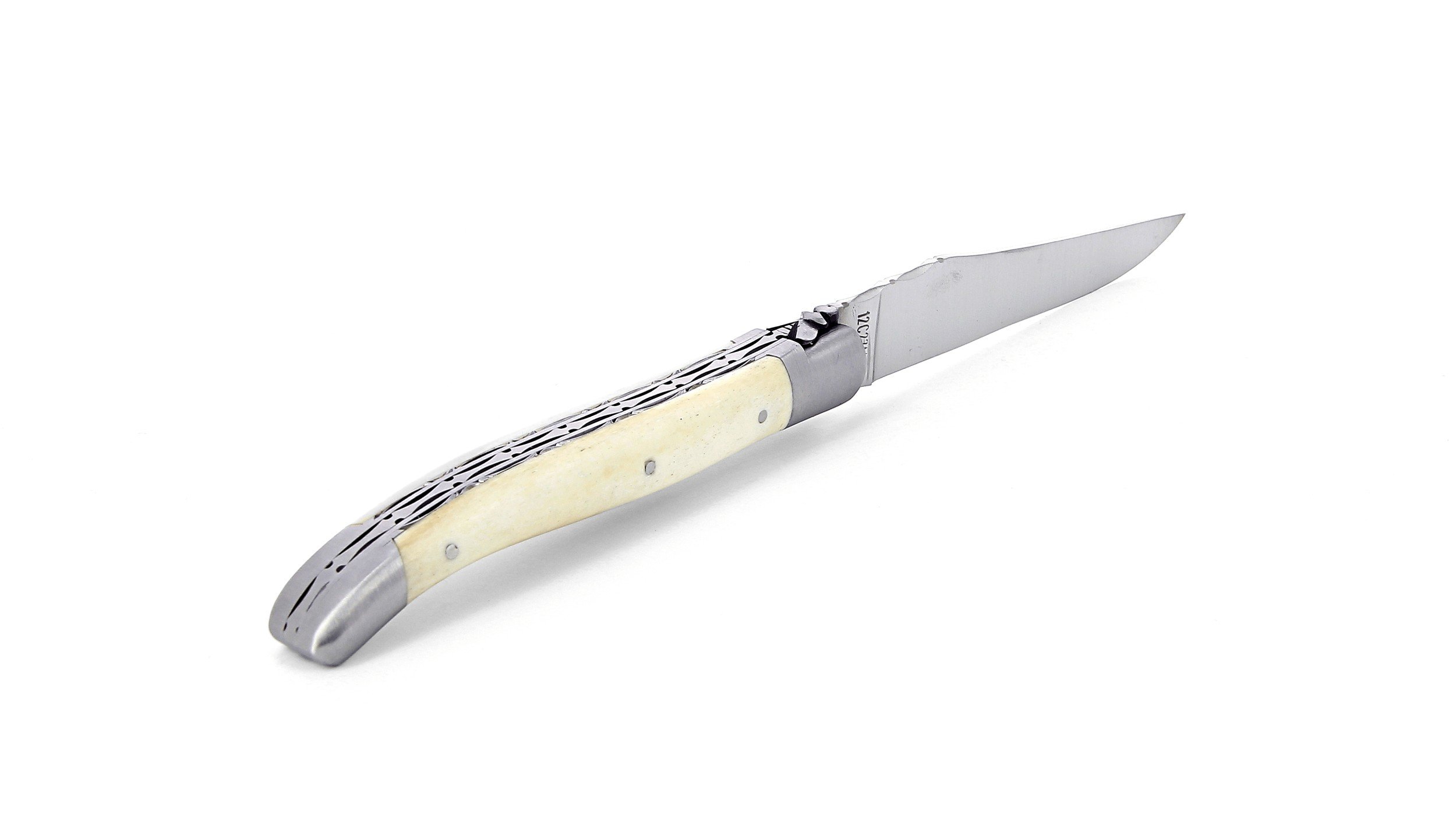 Laguiole pliant doubles platines, 12 cm, manche en os, mitres inox brossées