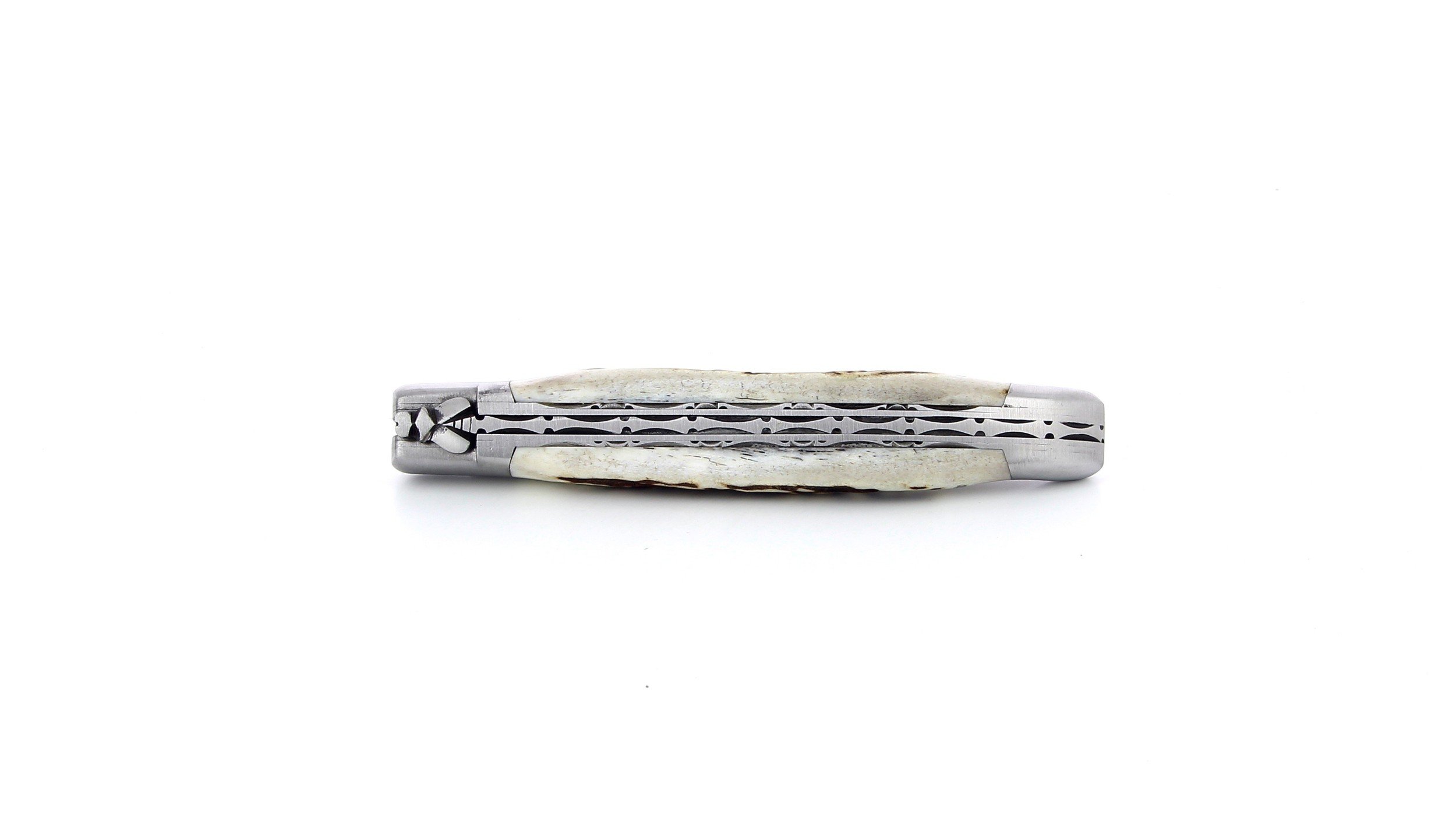 Laguiole pliant doubles platines, 12 cm, manche en bois de cerf, mitres inox brossées
