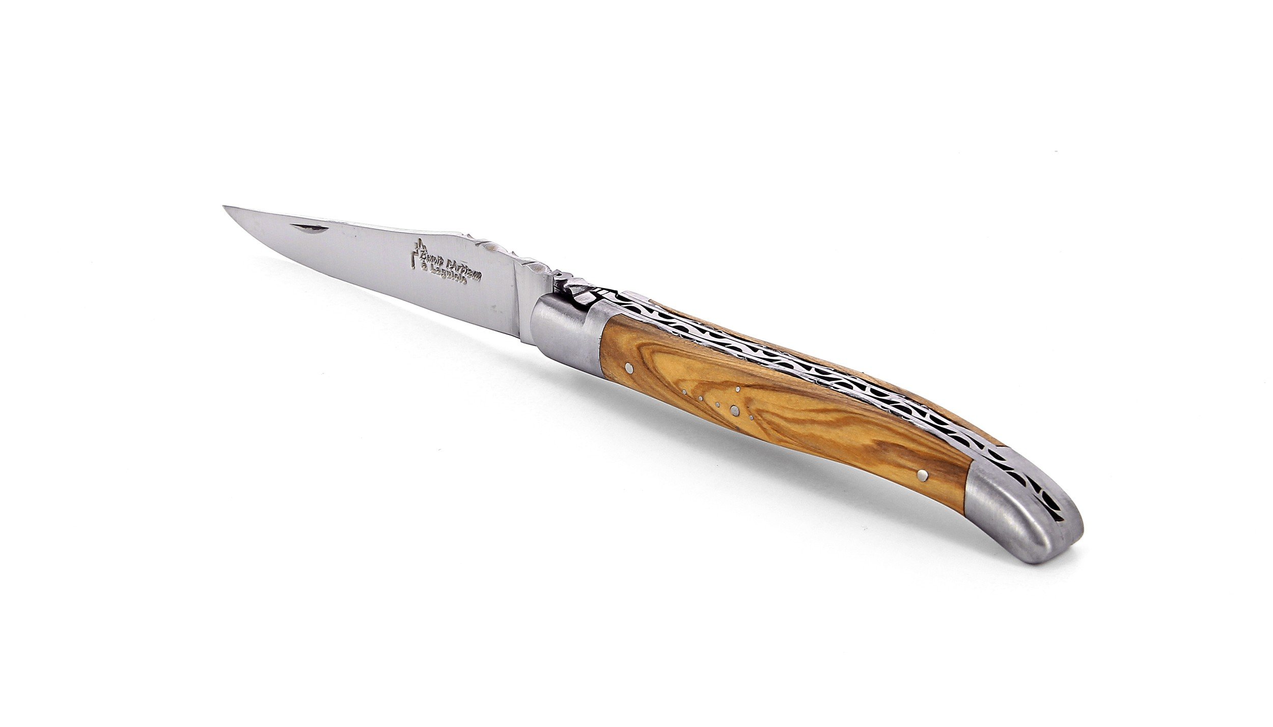 Laguiole pliant doubles platines, 12 cm, manche en olivier, mitres inox brossées