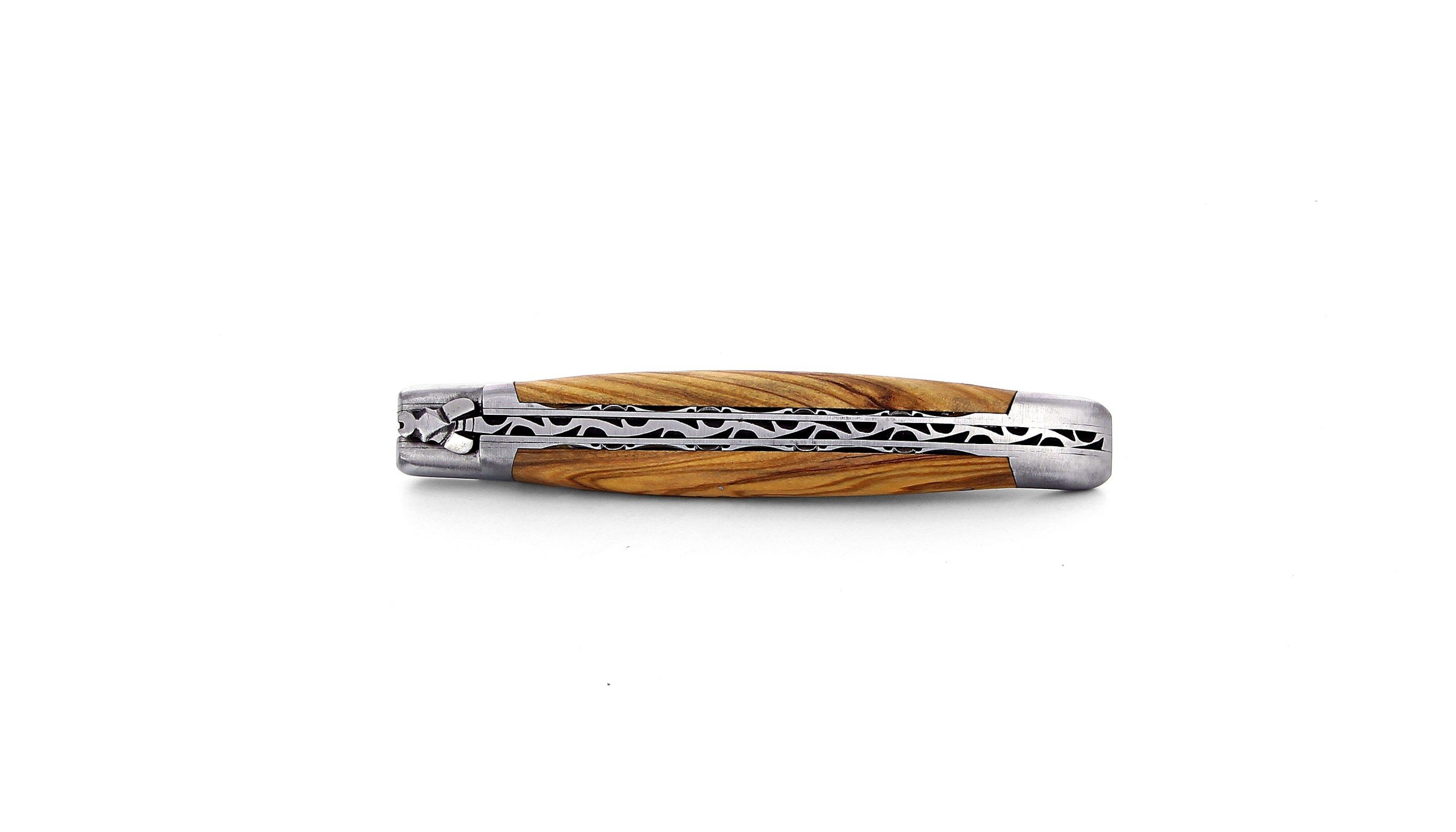 Laguiole pliant doubles platines, 12 cm, manche en olivier, mitres inox brossées