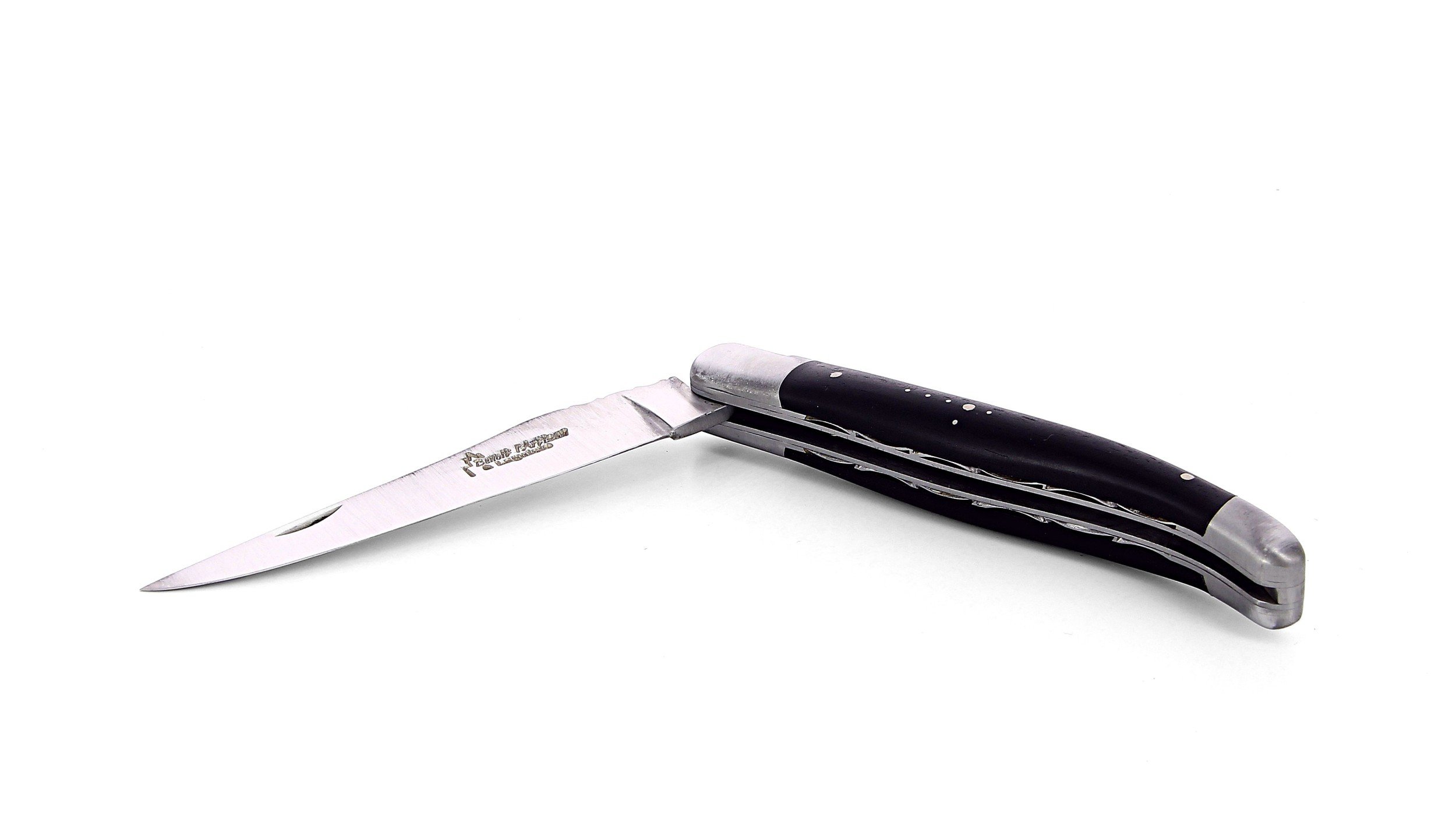 Laguiole pliant doubles platines, 12 cm, manche en ébène, mitres inox brossées