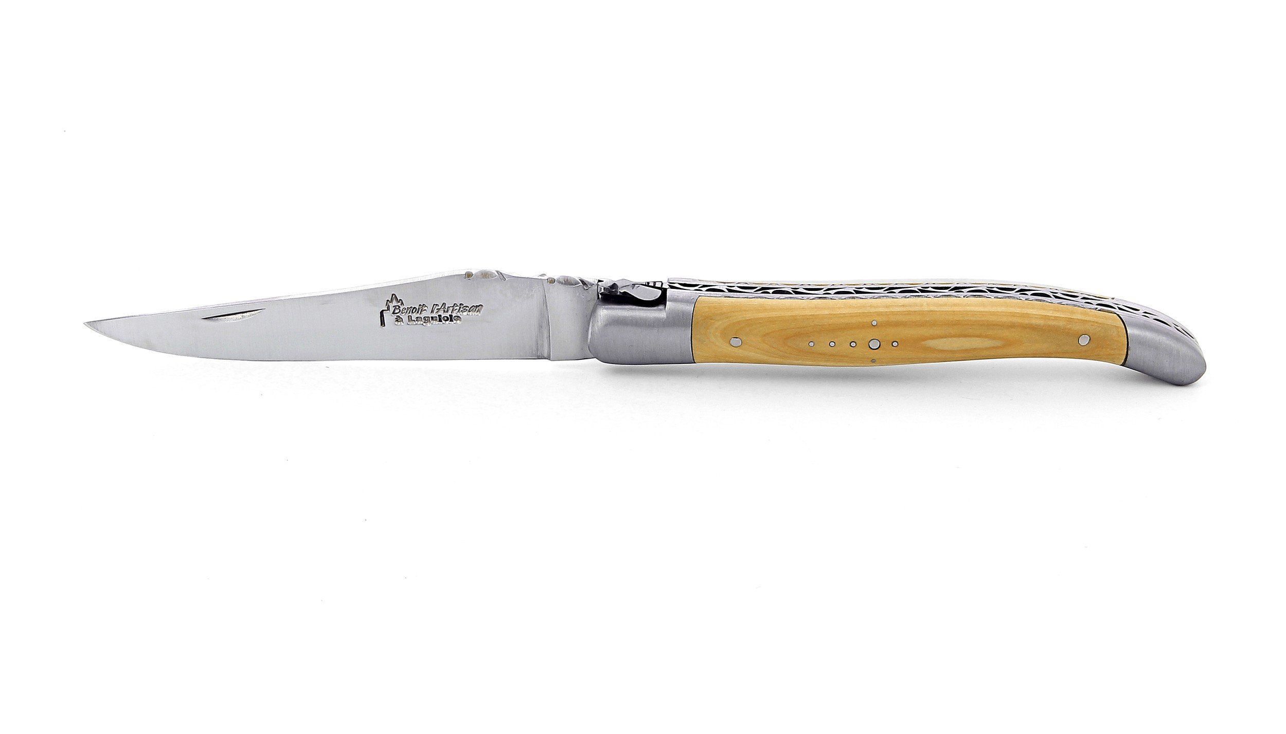Laguiole pliant doubles platines, 12 cm, manche en buis, mitres inox brossées