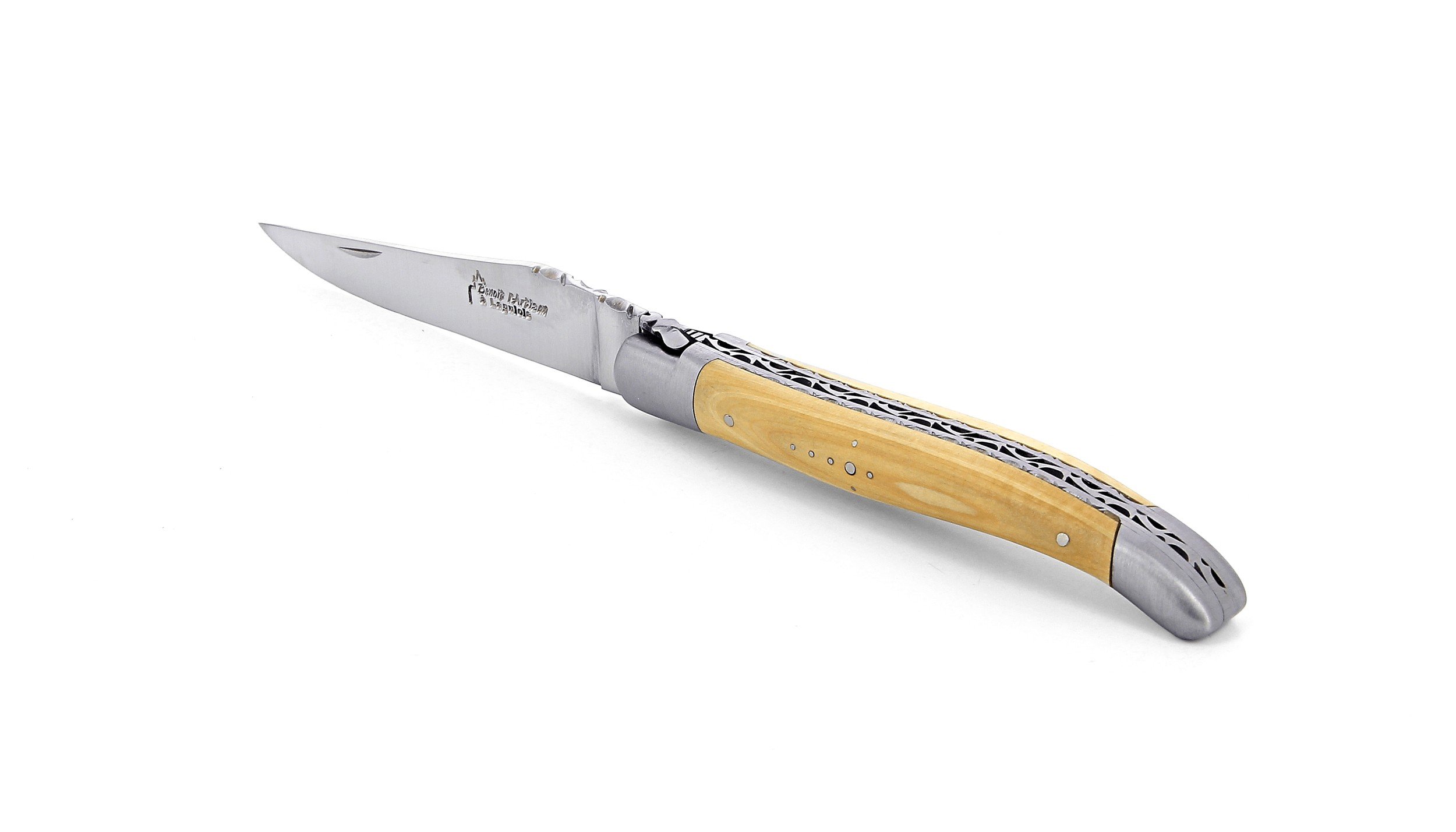 Laguiole pliant doubles platines, 12 cm, manche en buis, mitres inox brossées