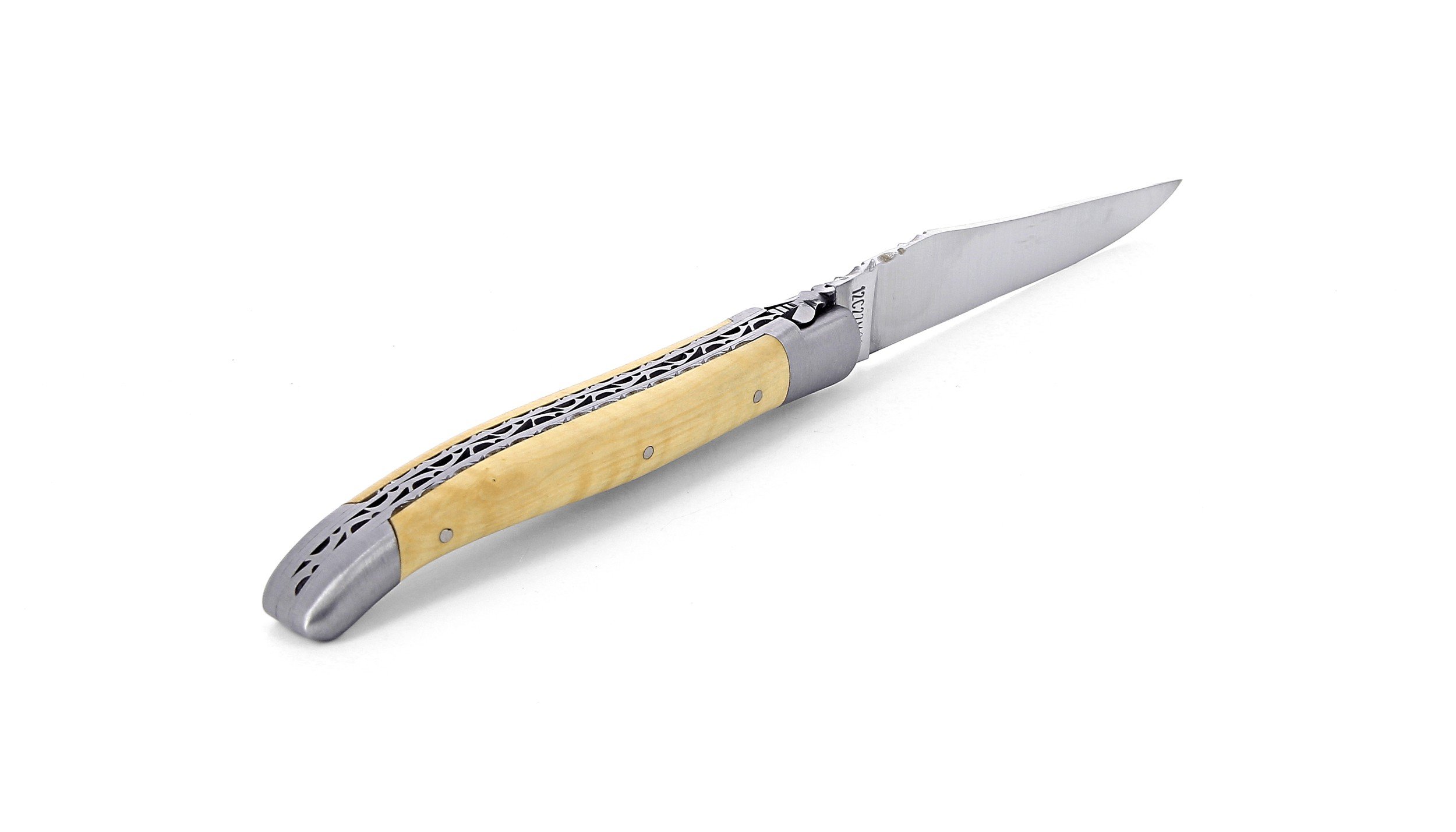 Laguiole pliant doubles platines, 12 cm, manche en buis, mitres inox brossées