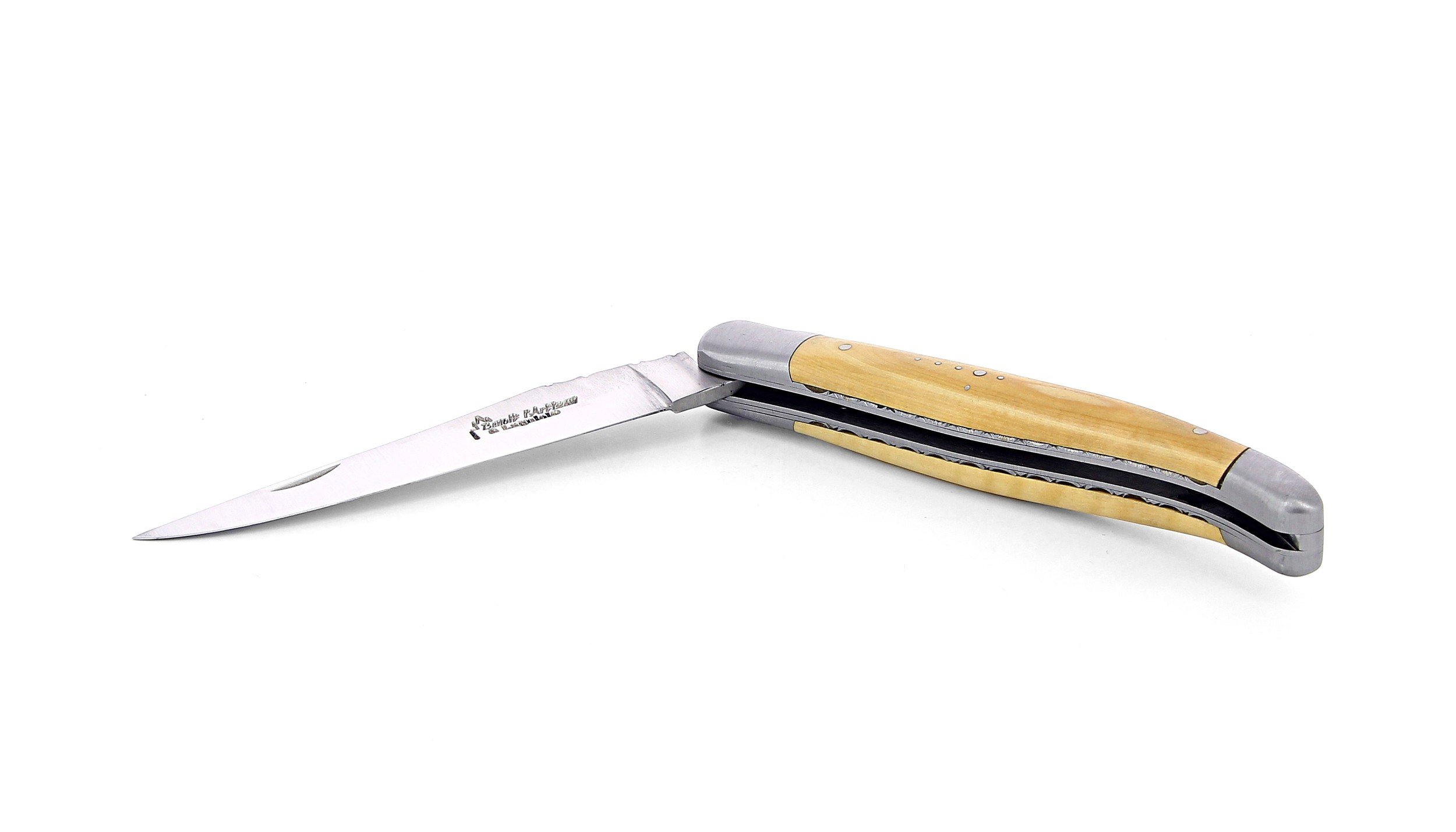 Laguiole pliant doubles platines, 12 cm, manche en buis, mitres inox brossées