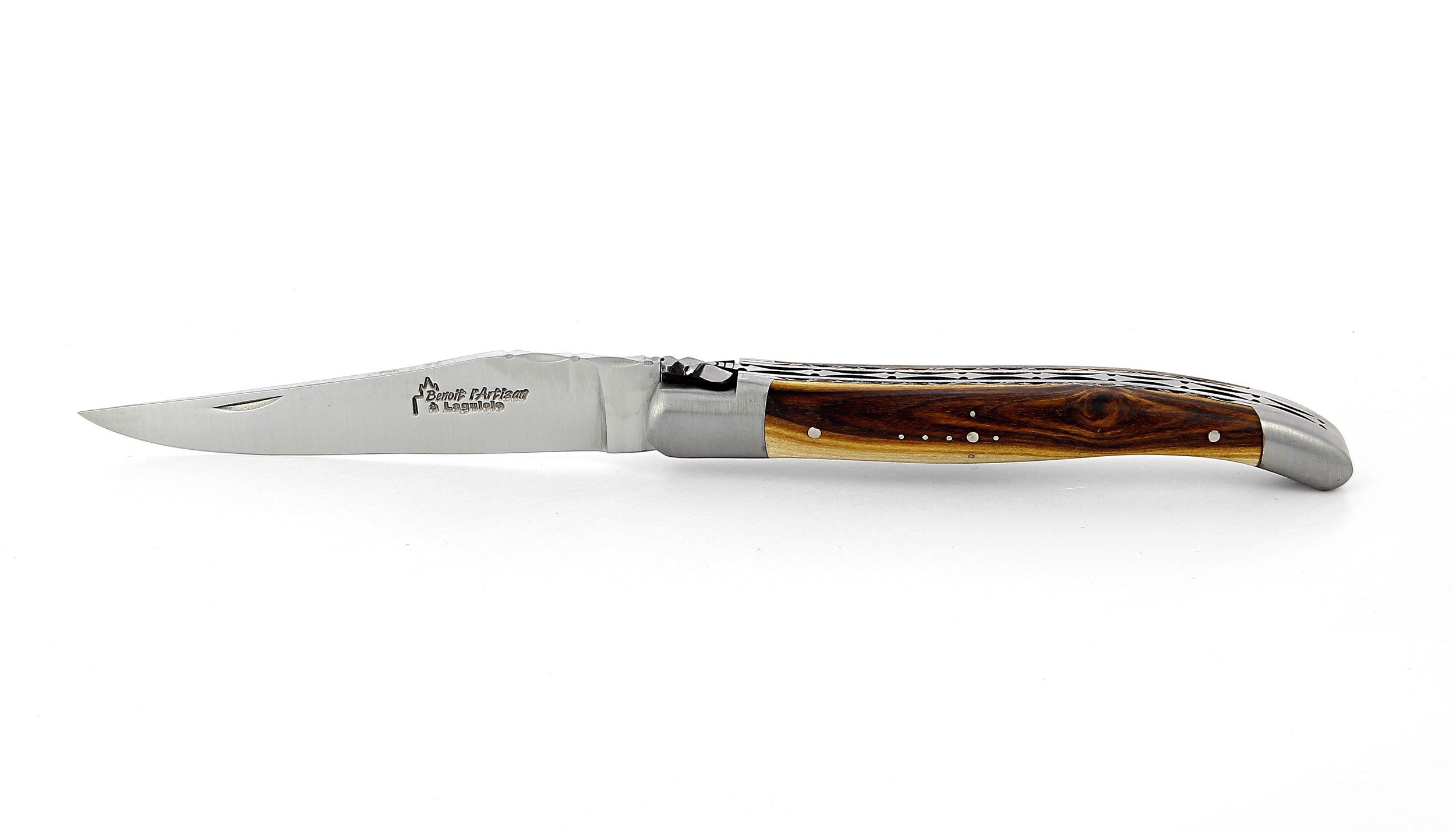 Laguiole pliant doubles platines, 12 cm, manche en pistachier, mitres inox brossées