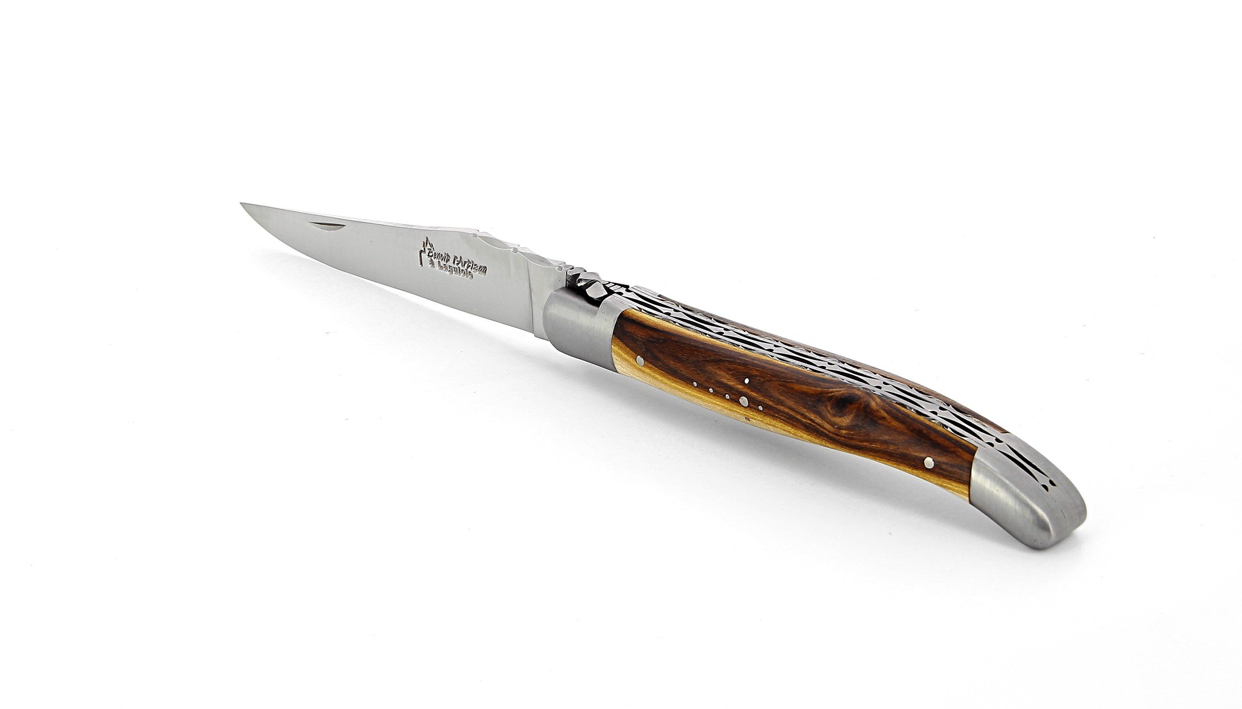 Laguiole pliant doubles platines, 12 cm, manche en pistachier, mitres inox brossées