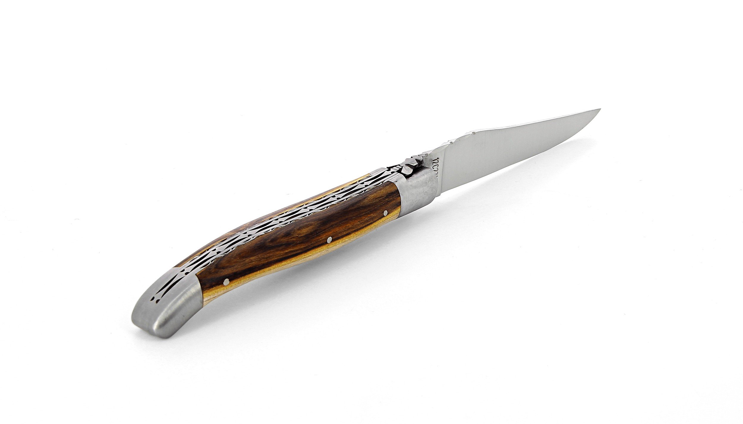 Laguiole pliant doubles platines, 12 cm, manche en pistachier, mitres inox brossées