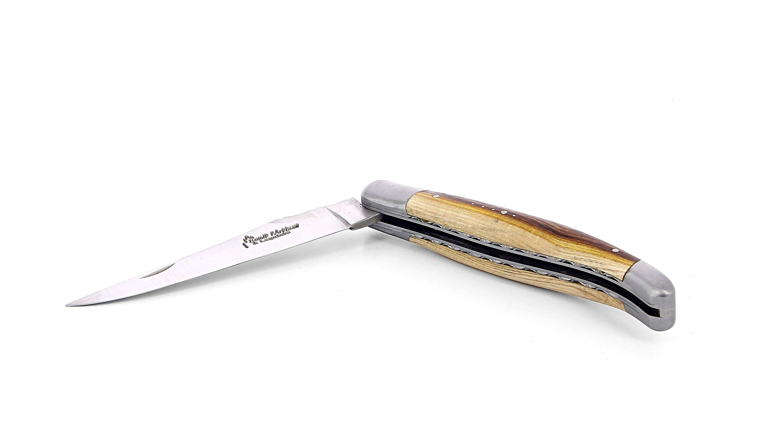 Laguiole pliant doubles platines, 12 cm, manche en pistachier, mitres inox brossées
