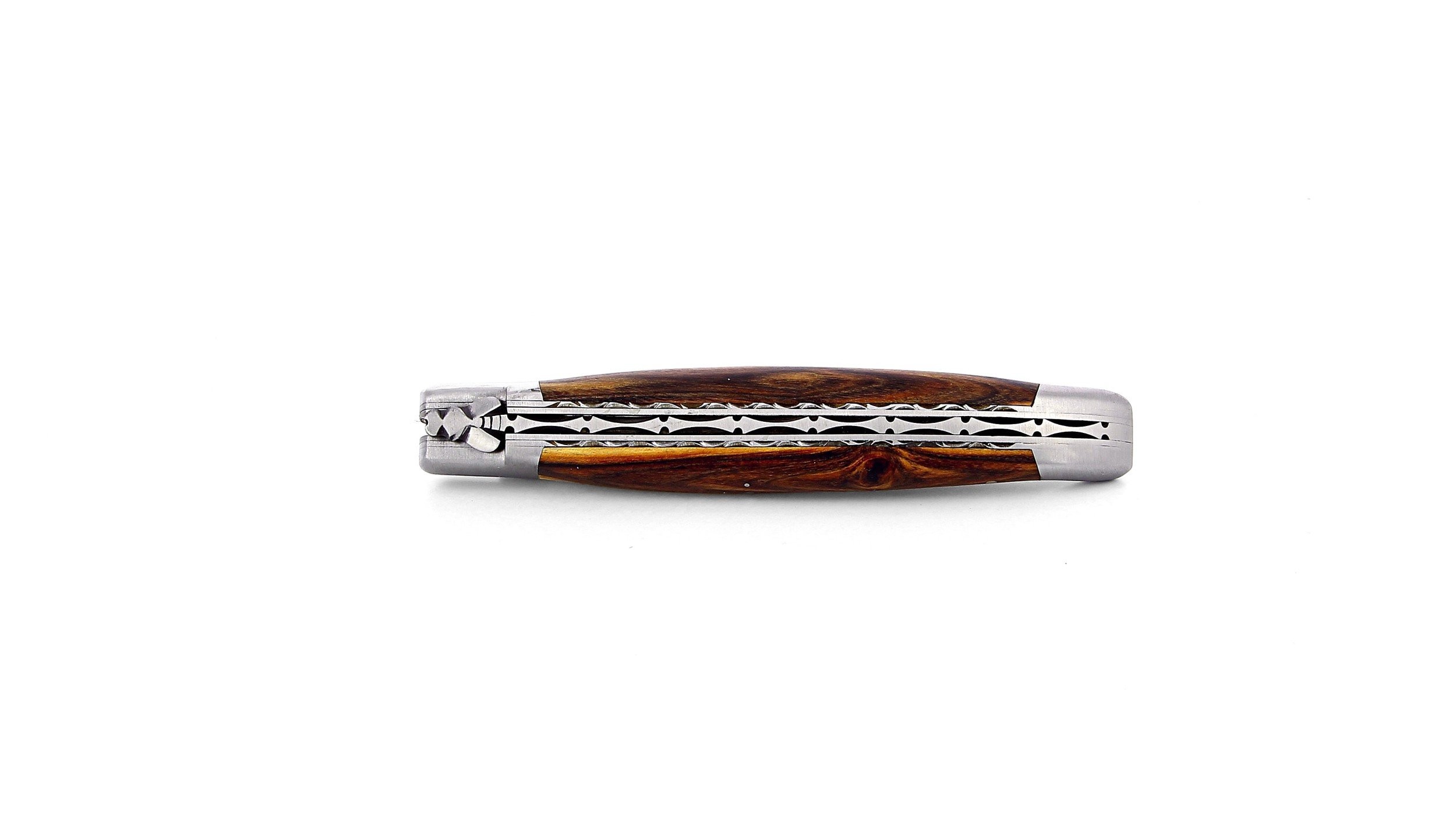 Laguiole pliant doubles platines, 12 cm, manche en pistachier, mitres inox brossées