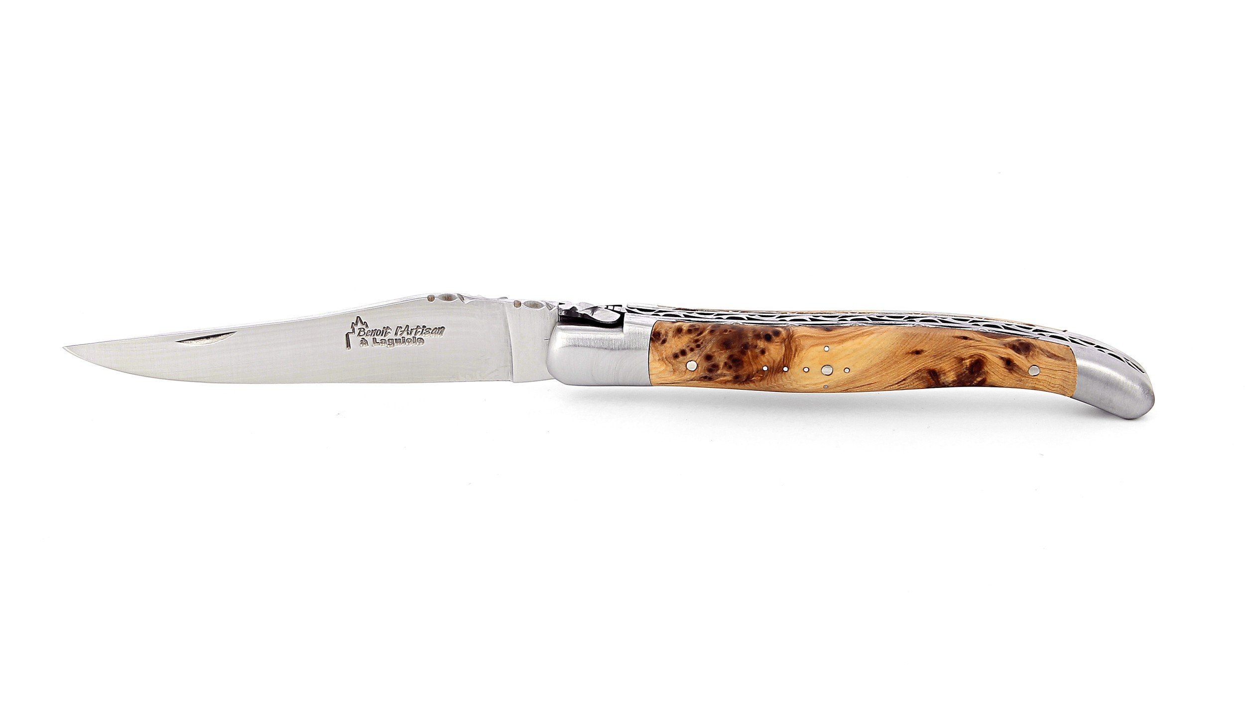 Laguiole pliant doubles platines, 12 cm, manche en genévrier, mitres inox brossées