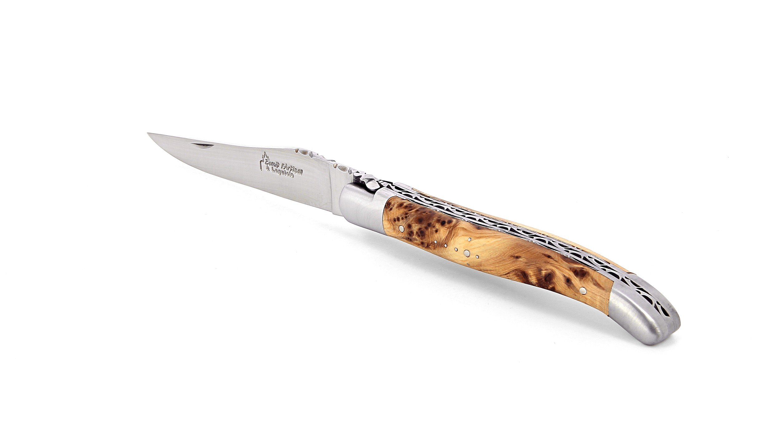 Laguiole pliant doubles platines, 12 cm, manche en genévrier, mitres inox brossées