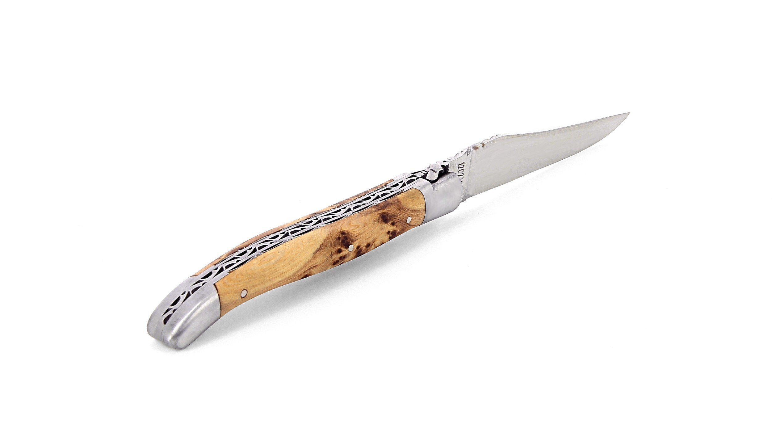 Laguiole pliant doubles platines, 12 cm, manche en genévrier, mitres inox brossées