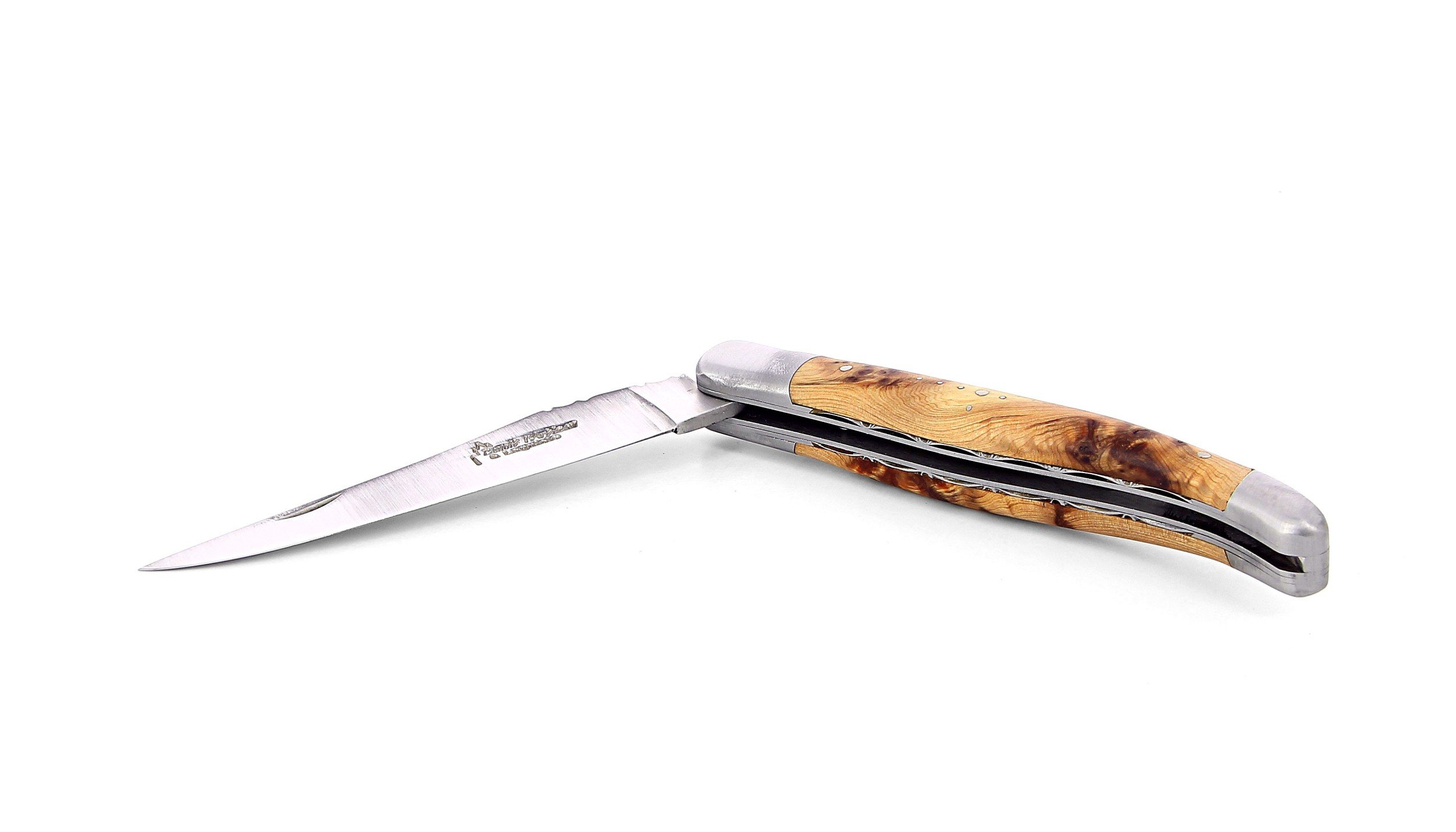 Laguiole pliant doubles platines, 12 cm, manche en genévrier, mitres inox brossées