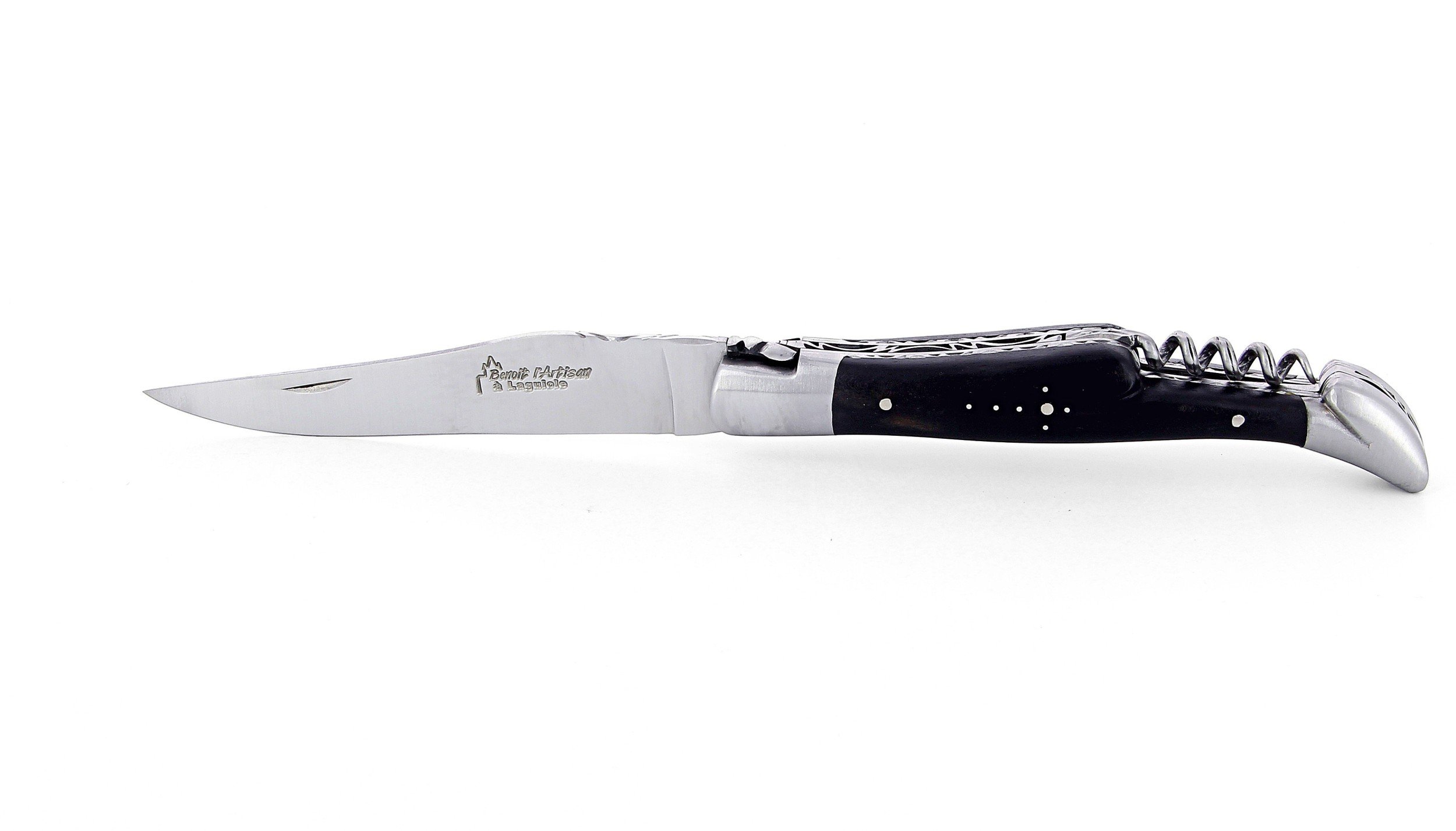 Laguiole pliant avec tire-bouchon, doubles platines, 12 cm, manche en ébène, mitres inox brossées