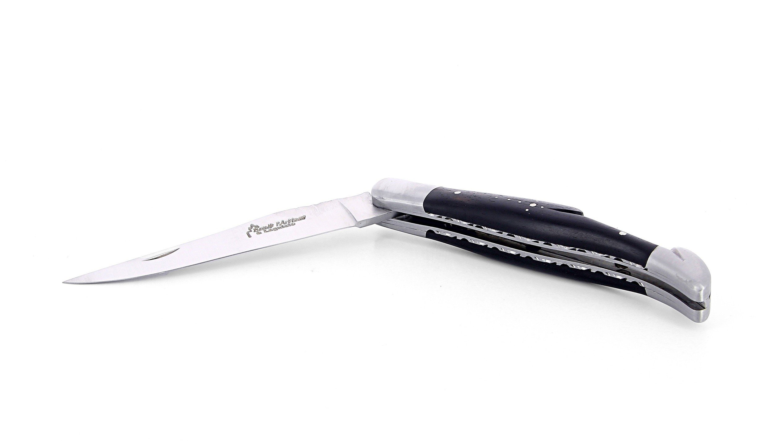 Laguiole pliant avec tire-bouchon, doubles platines, 12 cm, manche en ébène, mitres inox brossées