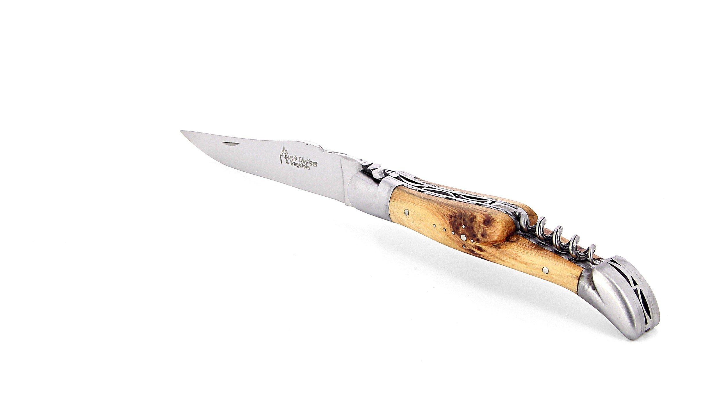 Laguiole pliant avec tire-bouchon, doubles platines, 12 cm, manche en genévrier, mitres inox brossées