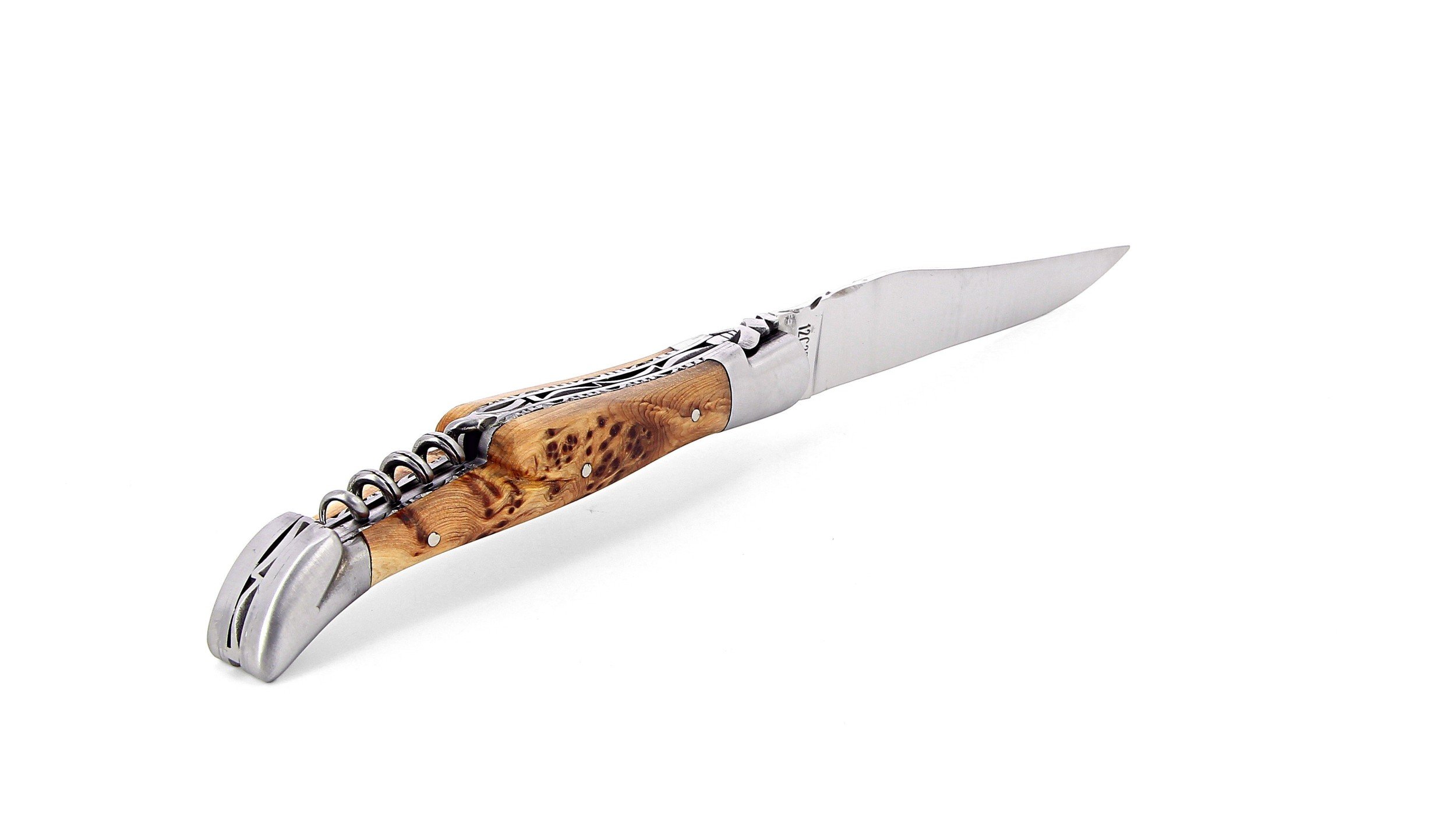 Laguiole pliant avec tire-bouchon, doubles platines, 12 cm, manche en genévrier, mitres inox brossées