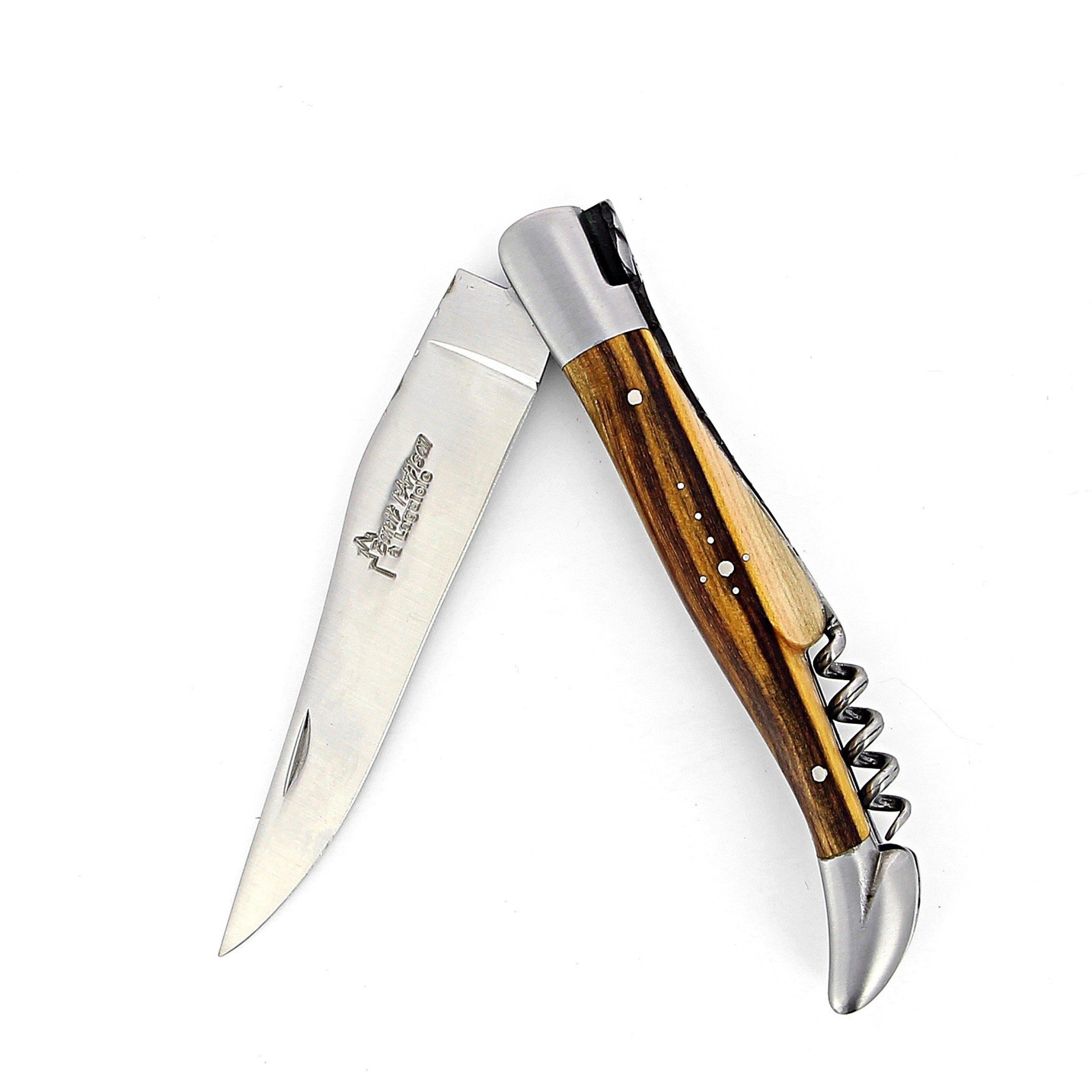 Benoit l'Artisan  Couteau de Laguiole pliant avec tire-bouchon, doubles  platines, 12 cm, manche en pistachier, mitres inox brossées