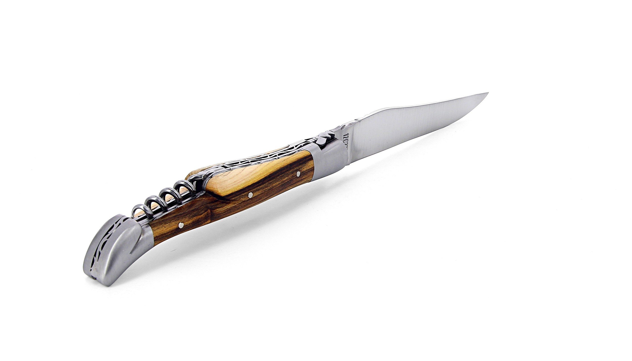Laguiole pliant avec tire-bouchon, doubles platines, 12 cm, manche en pistachier, mitres inox brossées
