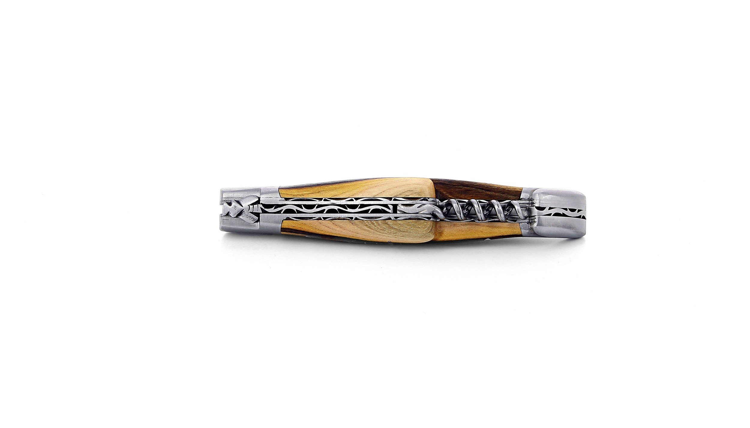 Laguiole pliant avec tire-bouchon, doubles platines, 12 cm, manche en pistachier, mitres inox brossées