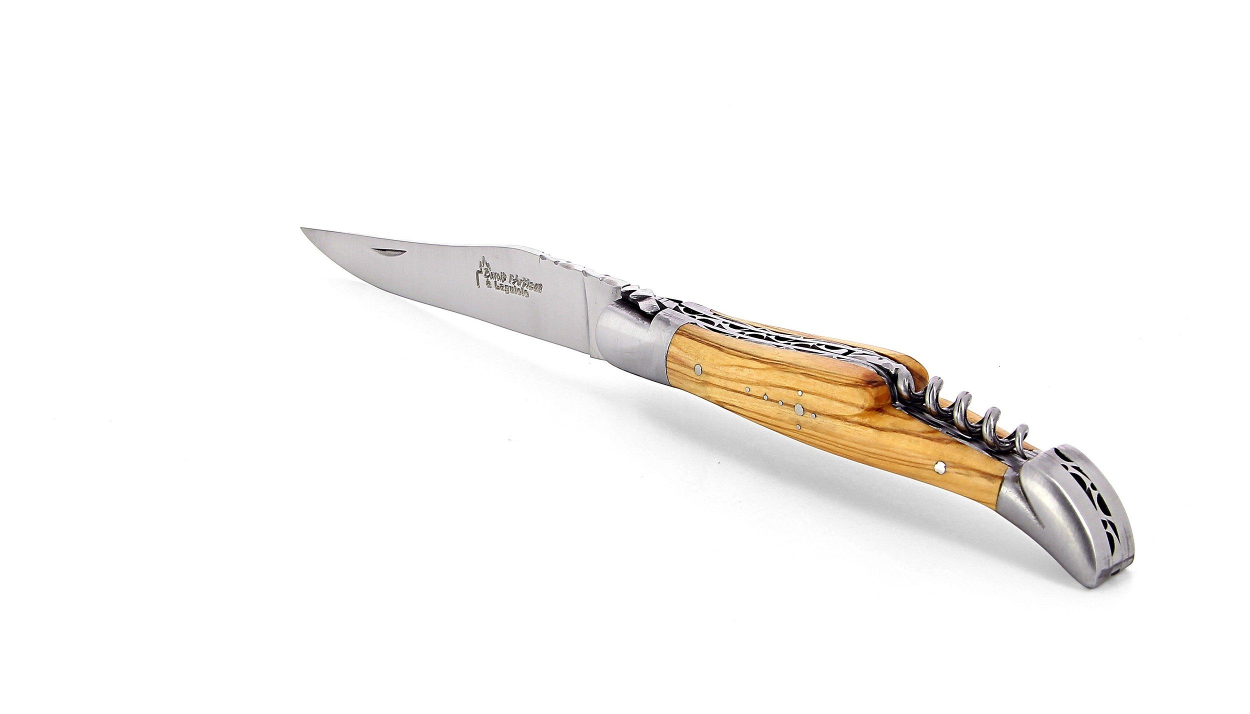 Laguiole pliant avec tire-bouchon, doubles platines, 12 cm, manche en olivier, mitres inox brossées