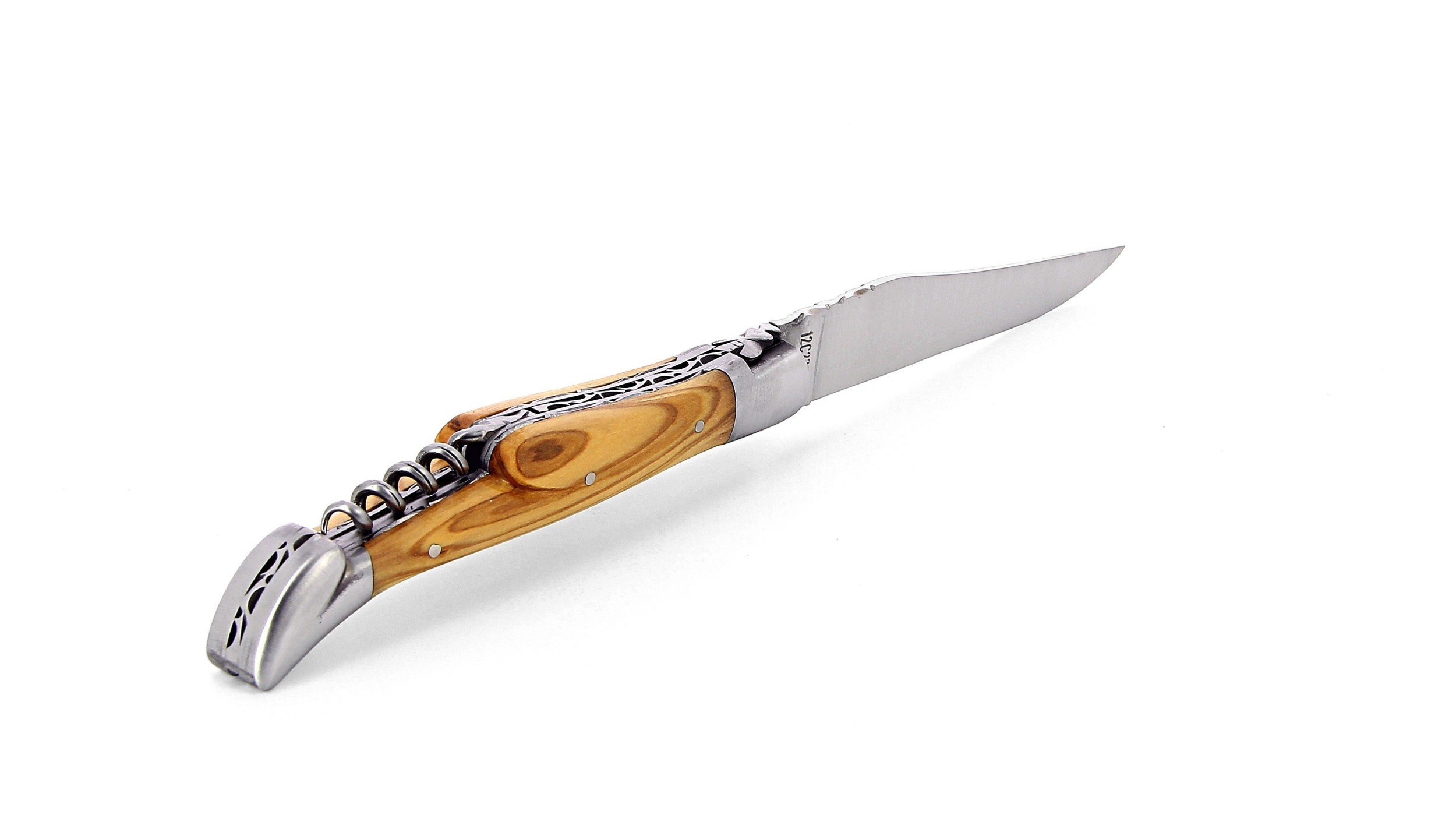 Laguiole pliant avec tire-bouchon, doubles platines, 12 cm, manche en olivier, mitres inox brossées