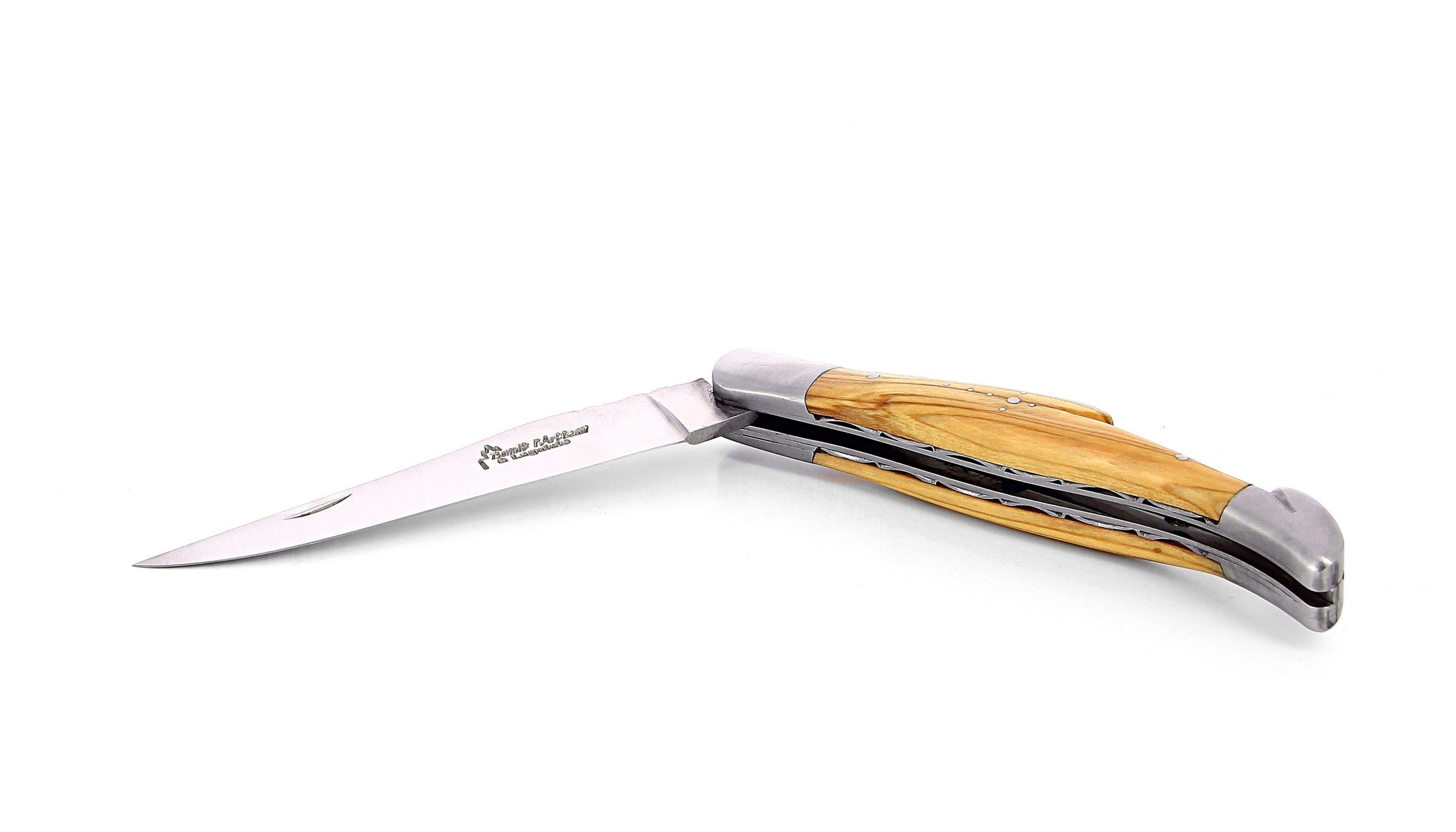 Laguiole pliant avec tire-bouchon, doubles platines, 12 cm, manche en olivier, mitres inox brossées