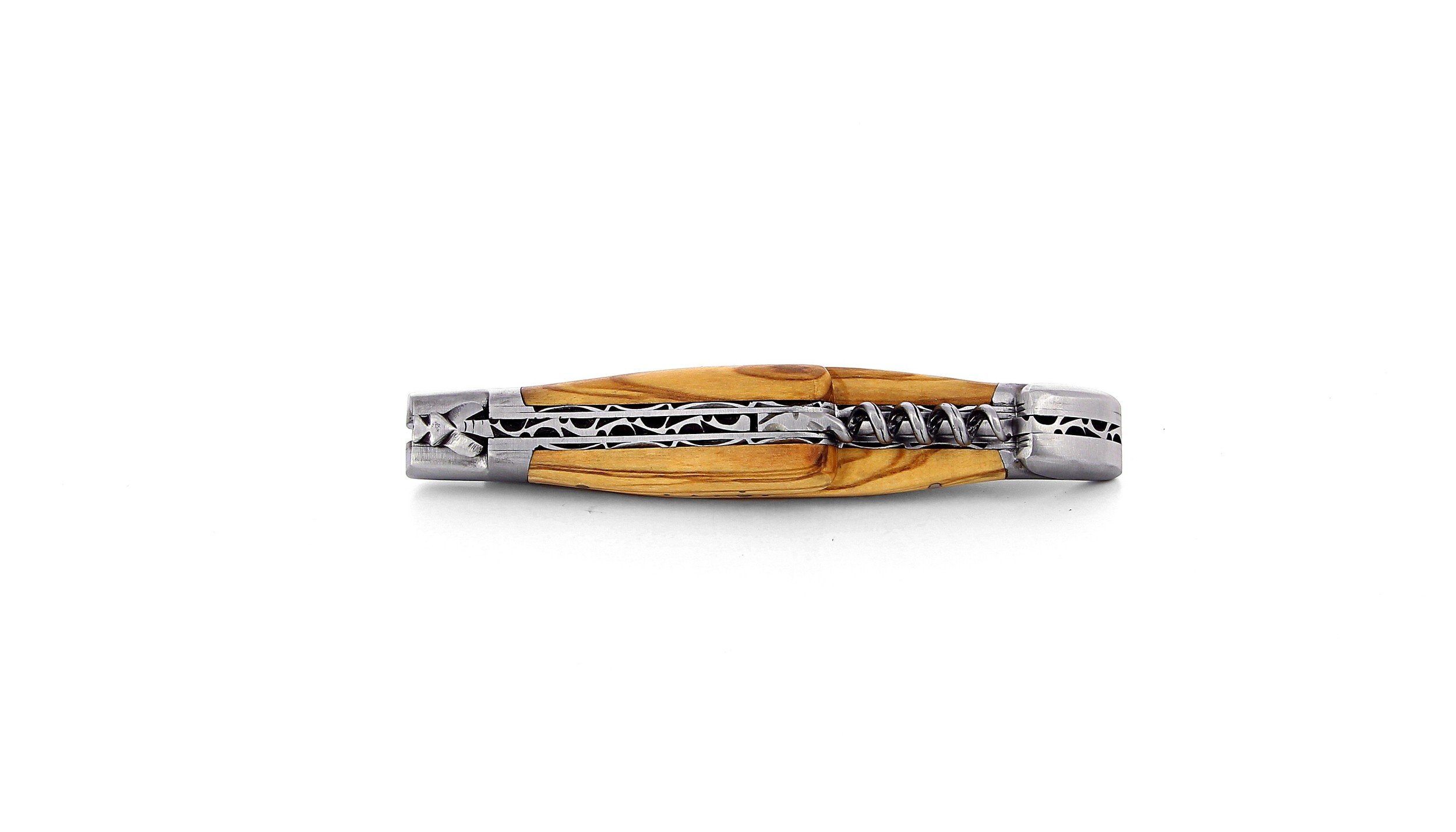 Laguiole pliant avec tire-bouchon, doubles platines, 12 cm, manche en olivier, mitres inox brossées