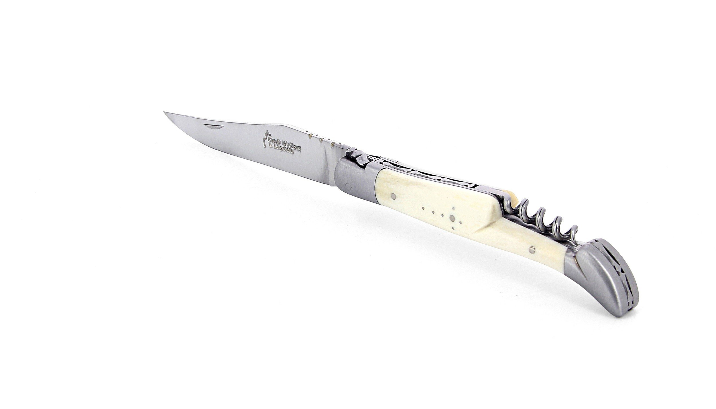 Laguiole pliant avec tire-bouchon, 12 cm, manche en os, mitres inox brossées