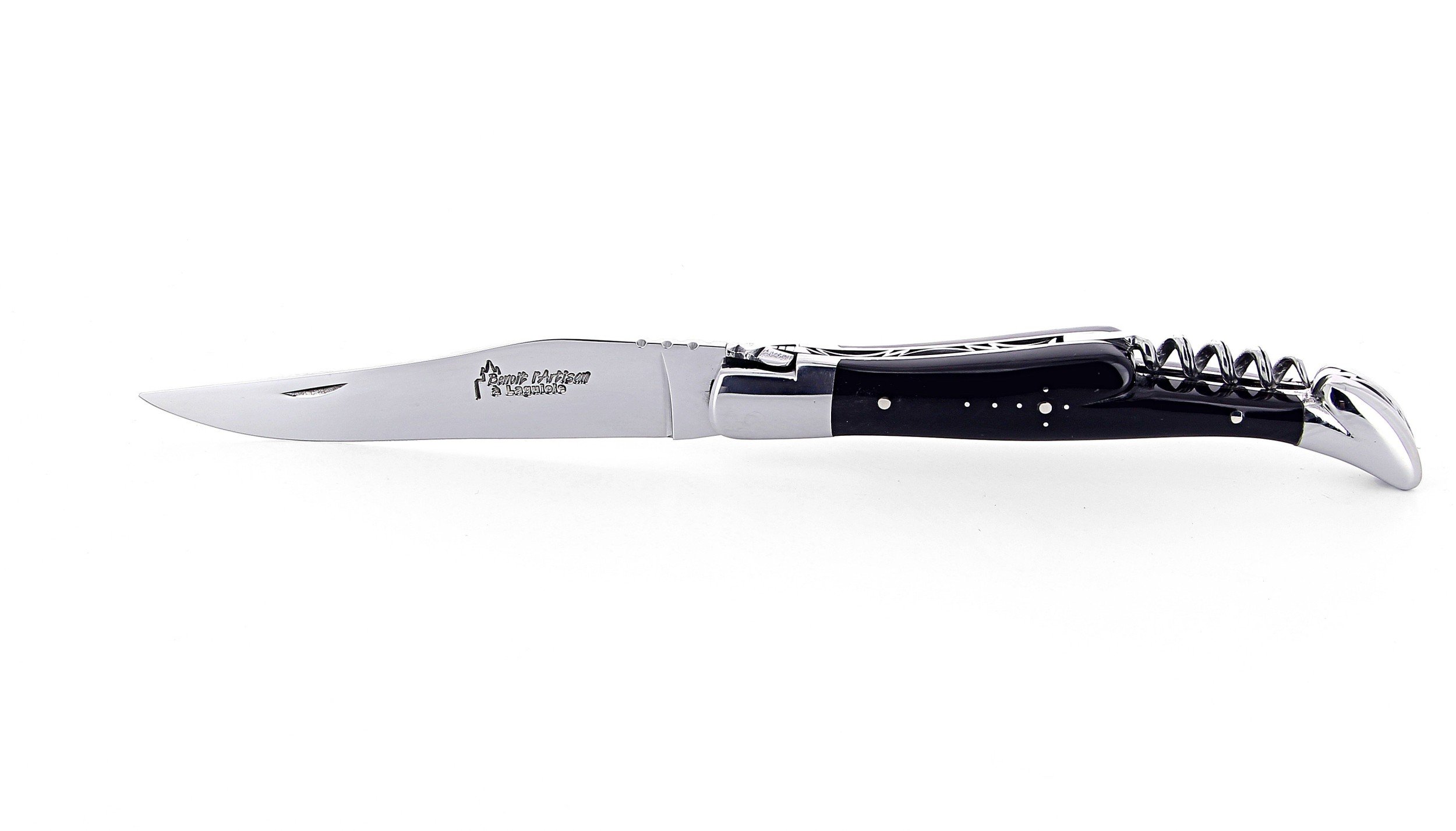 Laguiole pliant avec tire-bouchon, 12 cm, manche en corne massive noire, mitres inox polies