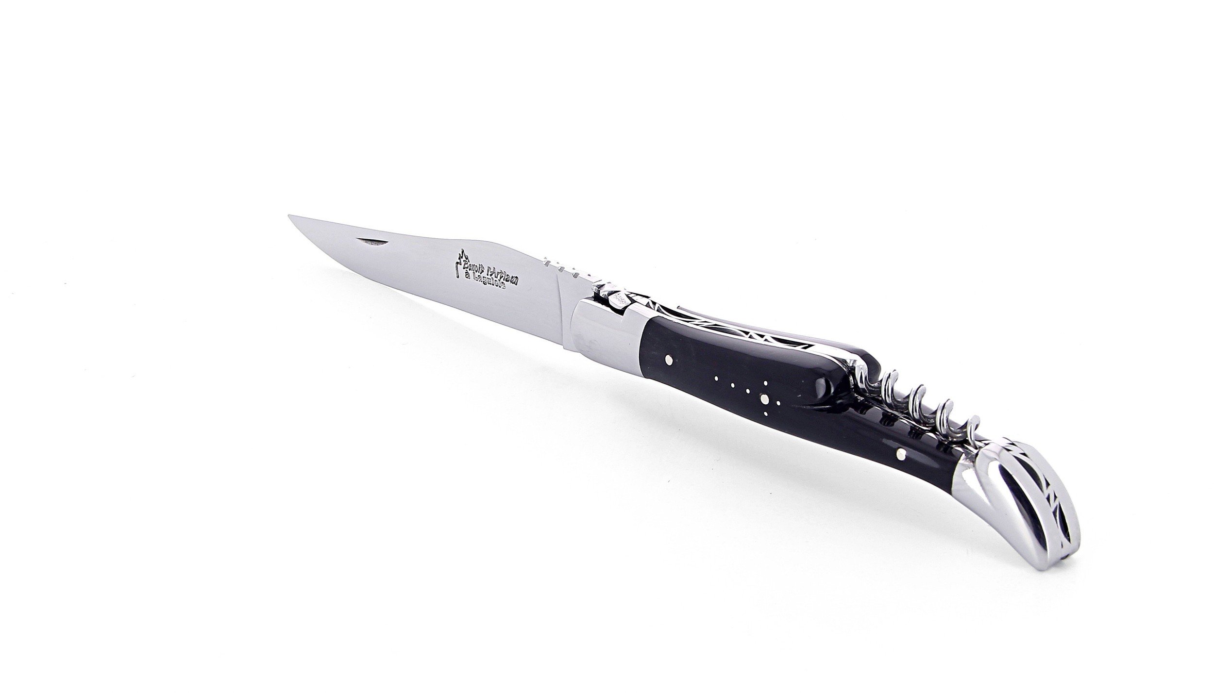Laguiole pliant avec tire-bouchon, 12 cm, manche en corne massive noire, mitres inox polies