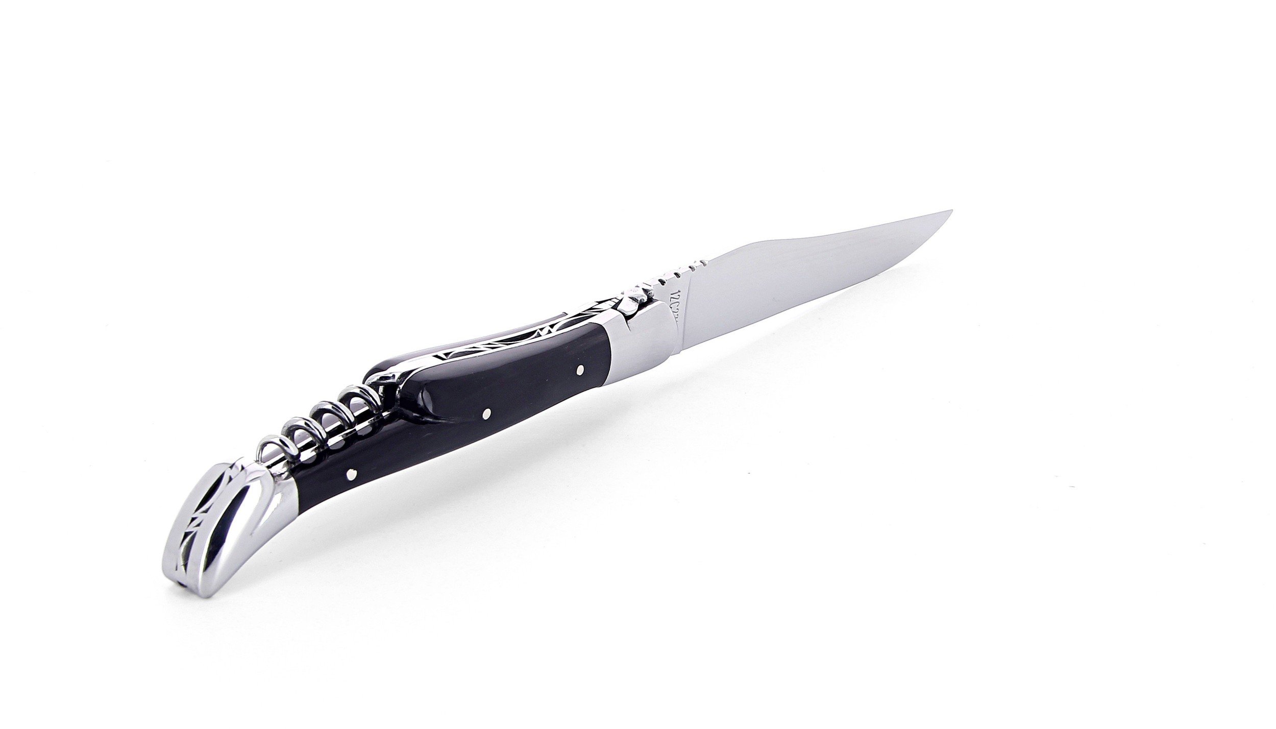 Laguiole pliant avec tire-bouchon, 12 cm, manche en corne massive noire, mitres inox polies