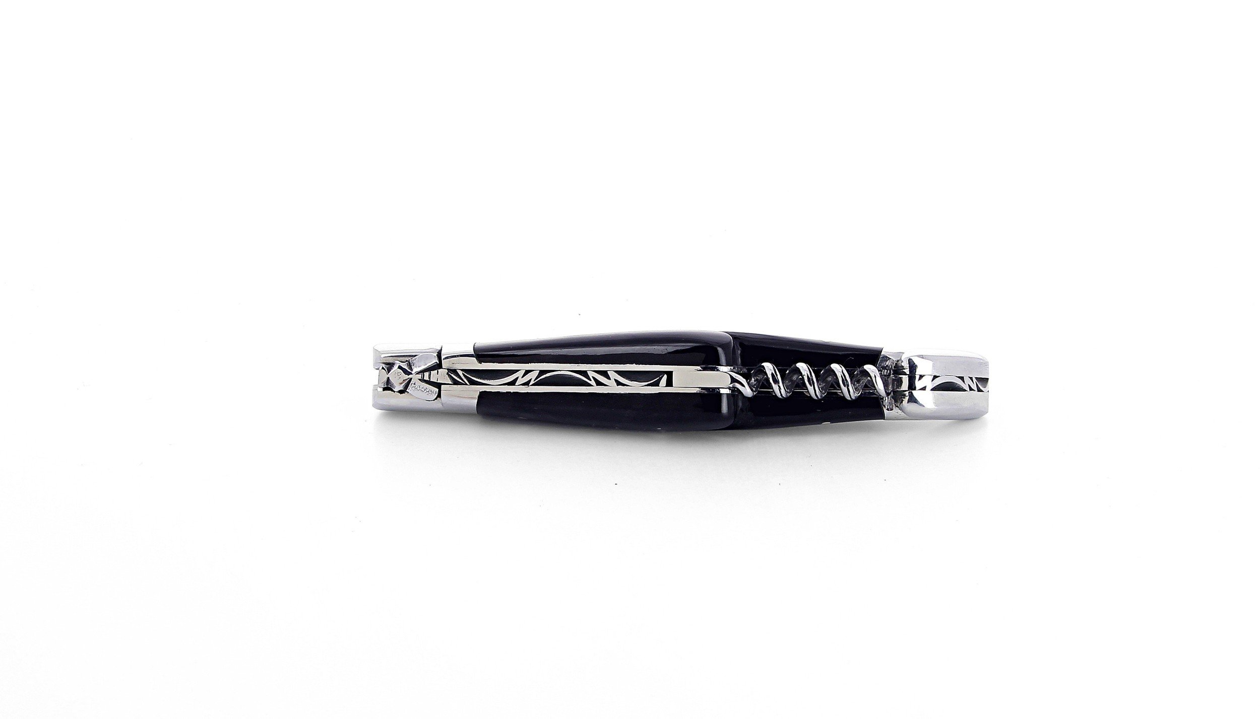 Laguiole pliant avec tire-bouchon, 12 cm, manche en corne massive noire, mitres inox polies