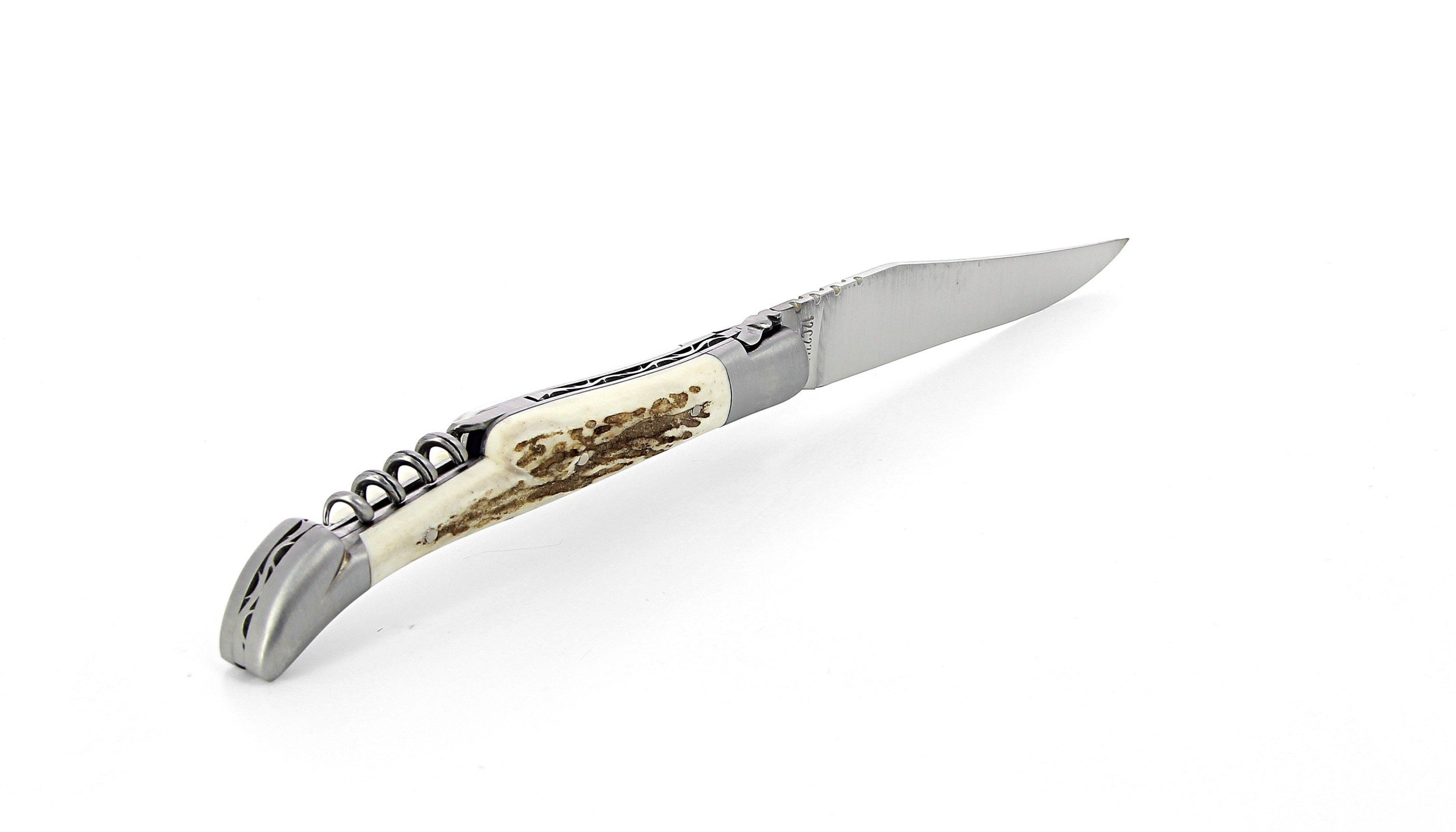 Laguiole pliant avec tire-bouchon, 12 cm, manche en bois de cerf, mitres inox brossées