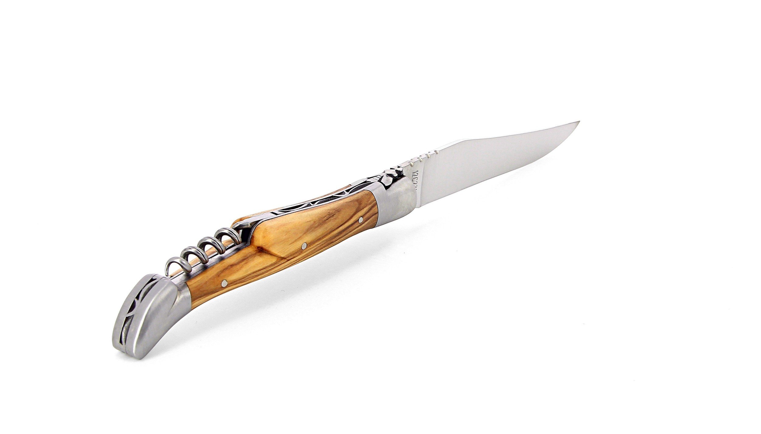 Laguiole pliant avec tire-bouchon, 12 cm, manche en olivier, mitres inox brossées