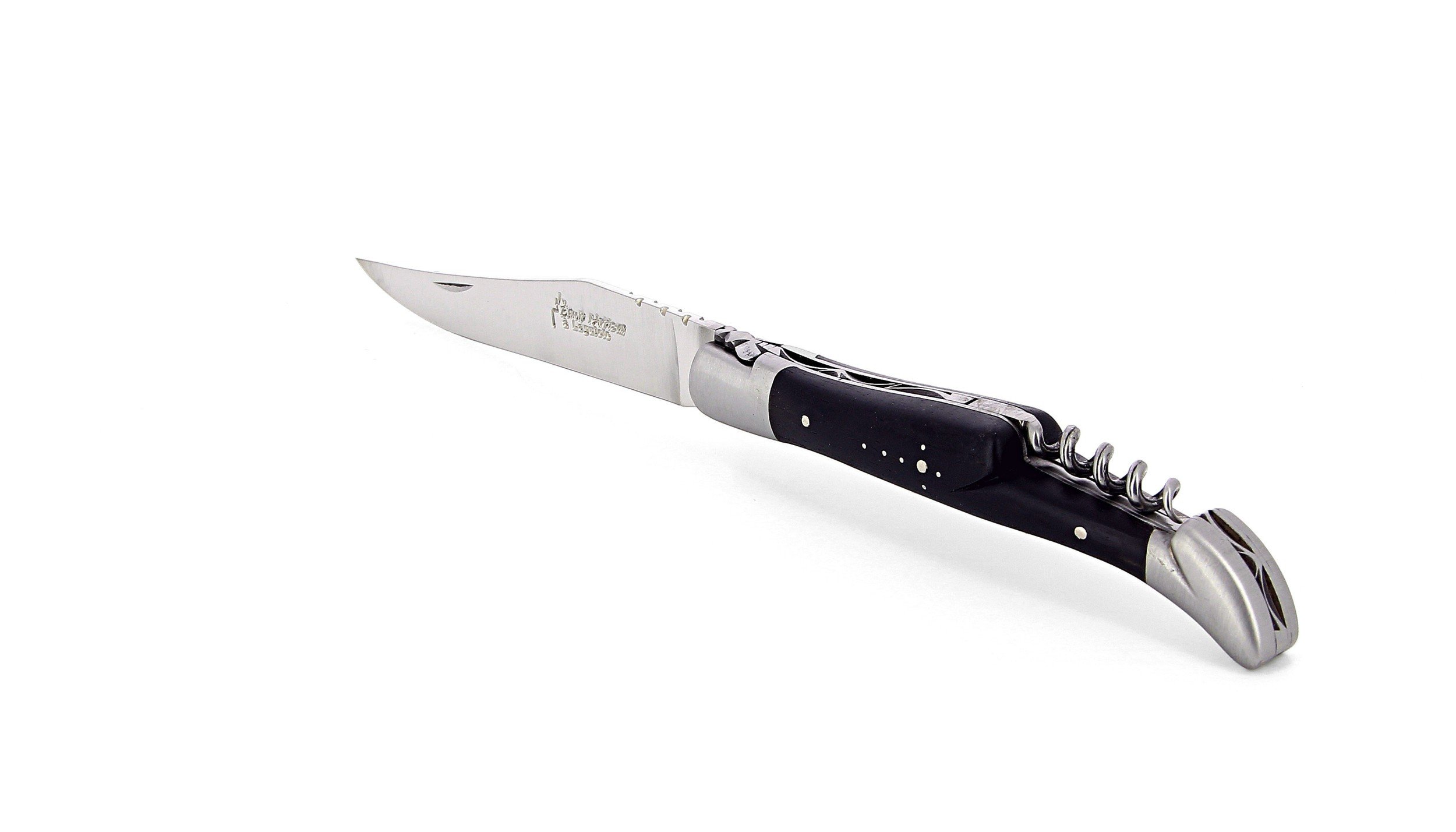 Laguiole pliant avec tire-bouchon, 12 cm, manche en ébène, mitres inox brossées