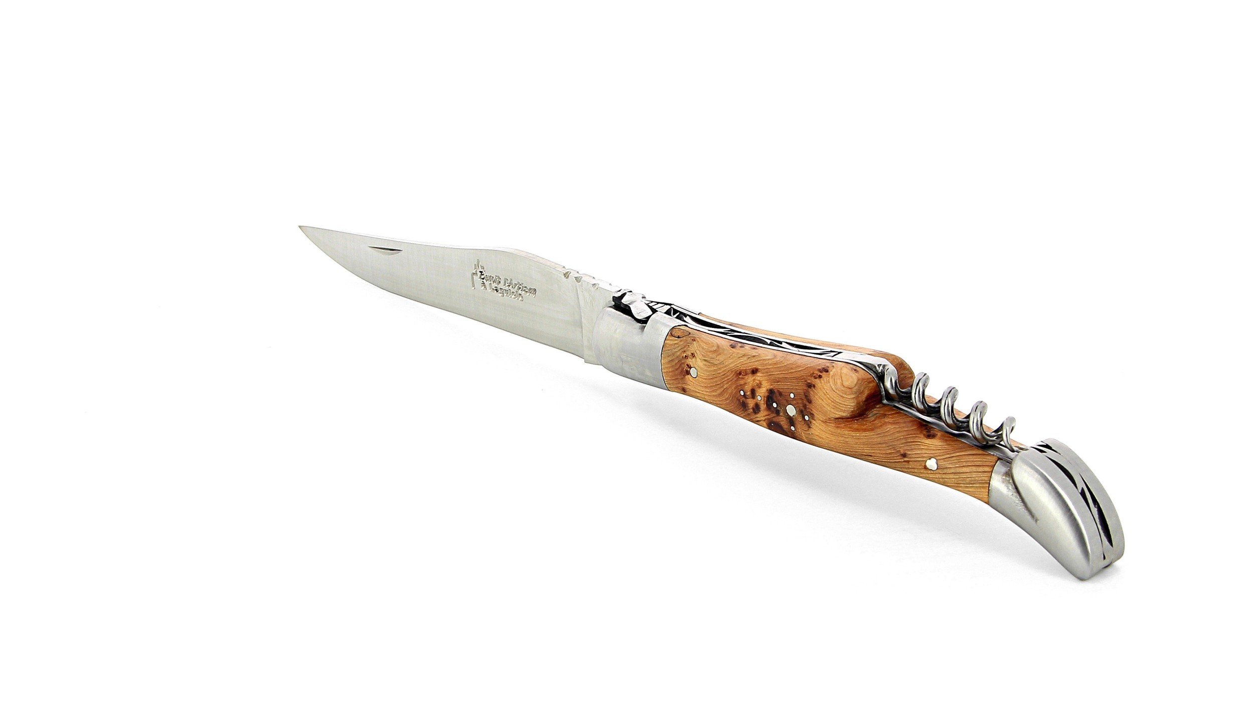 Laguiole pliant avec tire-bouchon, 12 cm, manche en genévrier, mitres inox brossées