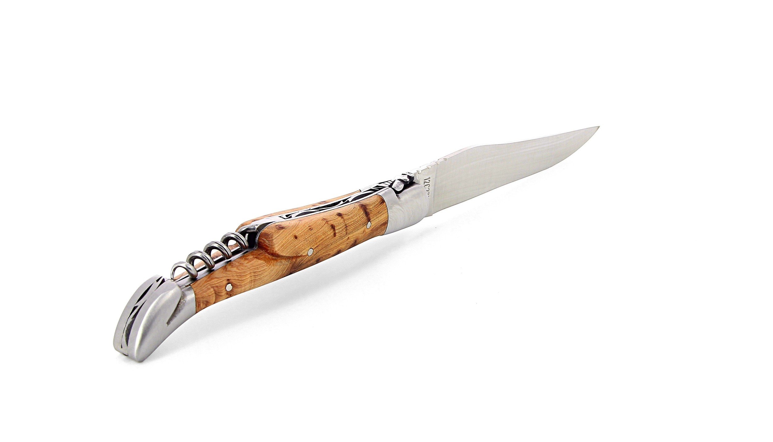 Laguiole pliant avec tire-bouchon, 12 cm, manche en genévrier, mitres inox brossées