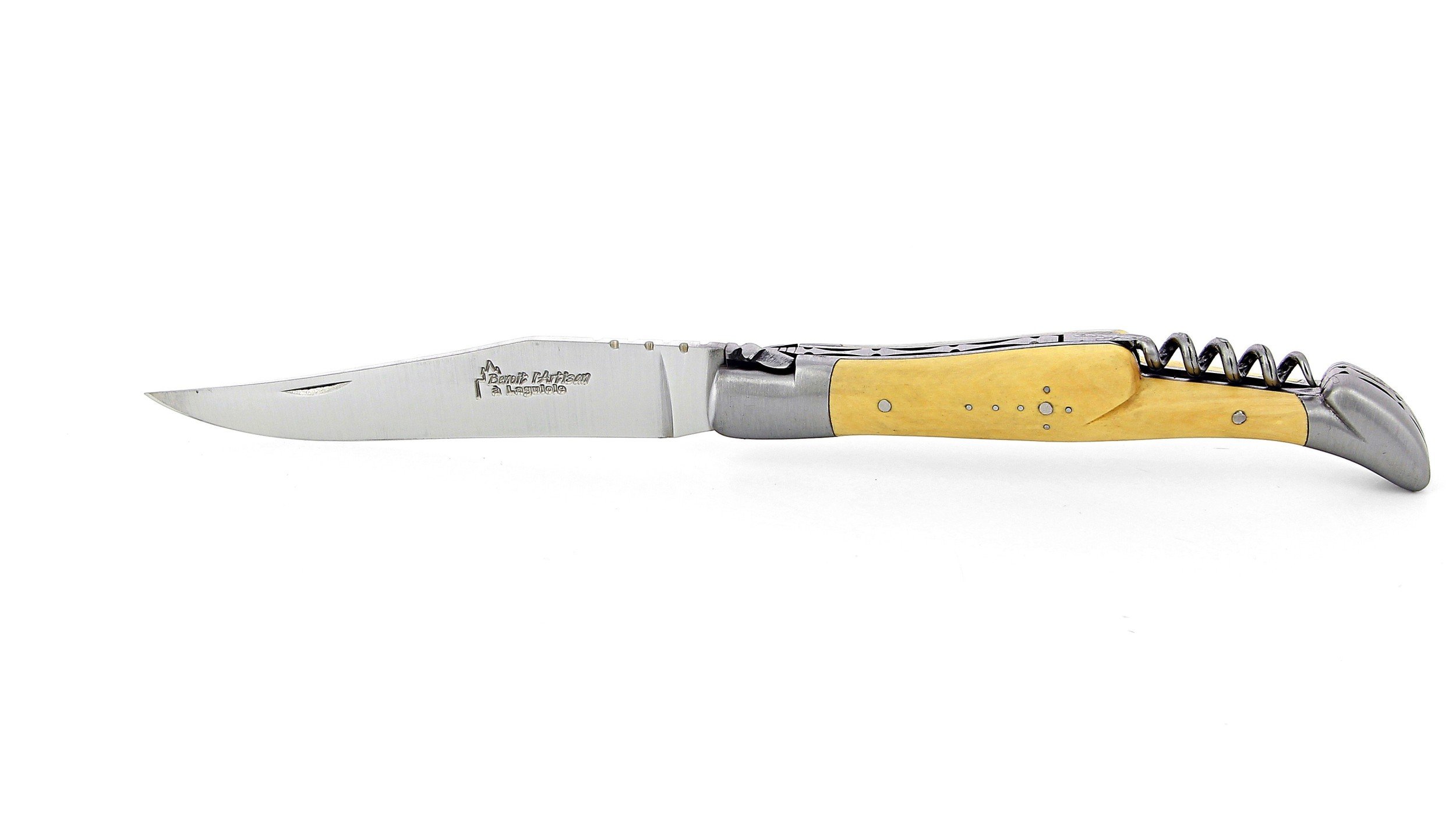 Laguiole pliant avec tire-bouchon, 12 cm, manche en buis, mitres inox brossées