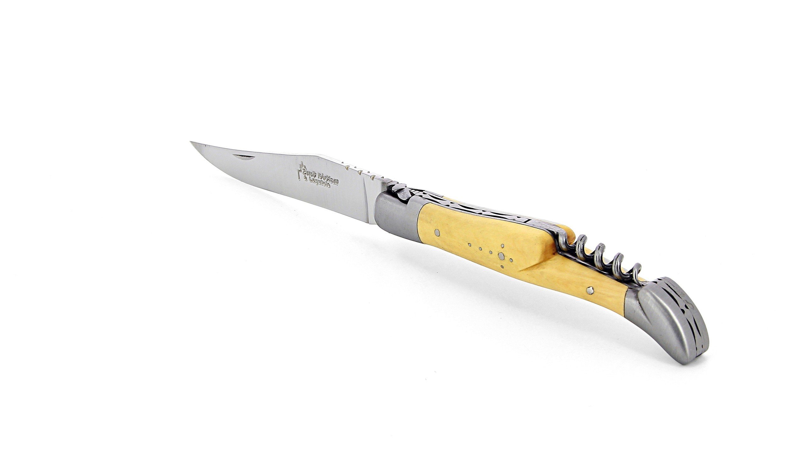 Laguiole pliant avec tire-bouchon, 12 cm, manche en buis, mitres inox brossées