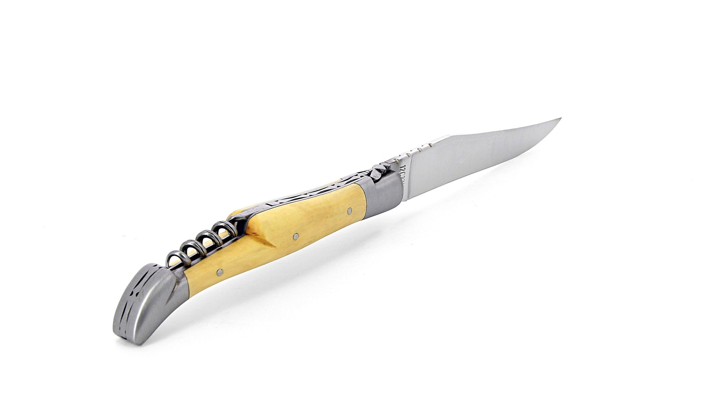 Laguiole pliant avec tire-bouchon, 12 cm, manche en buis, mitres inox brossées